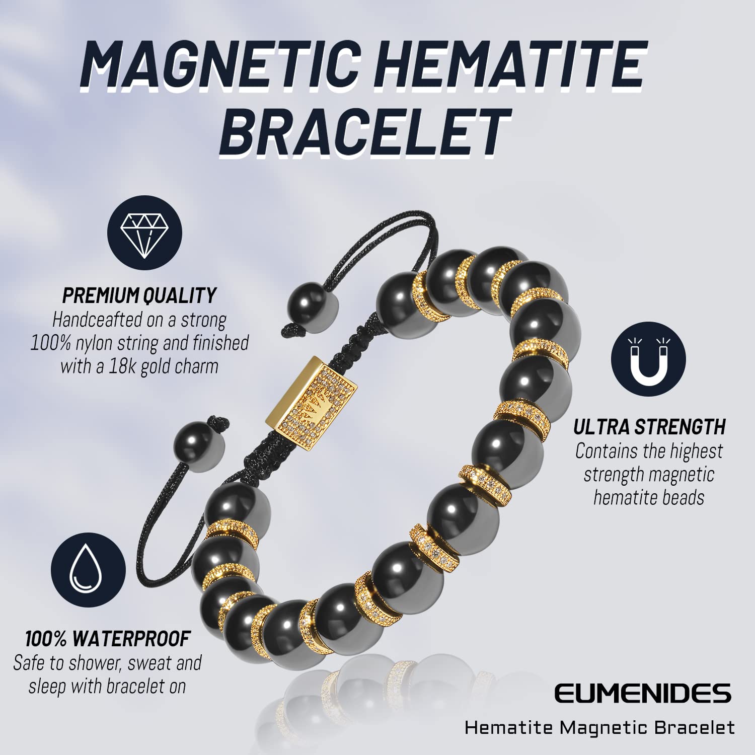 Bracciale magnetico in ematite d'oro, bracciale regolabile, elimina l'elettricità statica (Bracciale magnetico in oro 18 carati, 10MM)