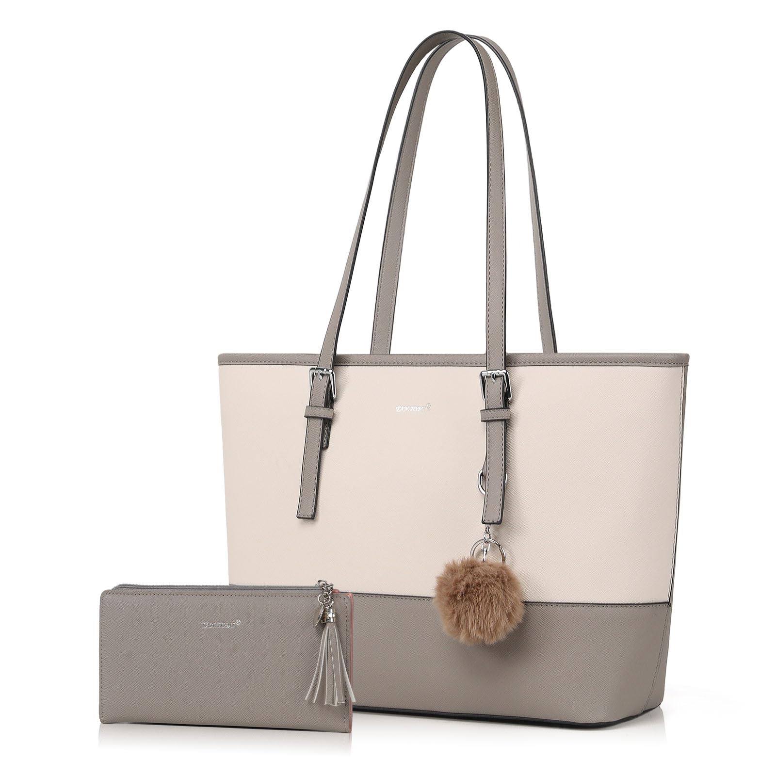 TANTOMI Handtasche Damen Set Tasche Mit Geldbörse für Büro Schule Einkauf Handtasche Damen Groß Mit Quasten Damen und Pelz Kugel Plüsch Schlüsselring