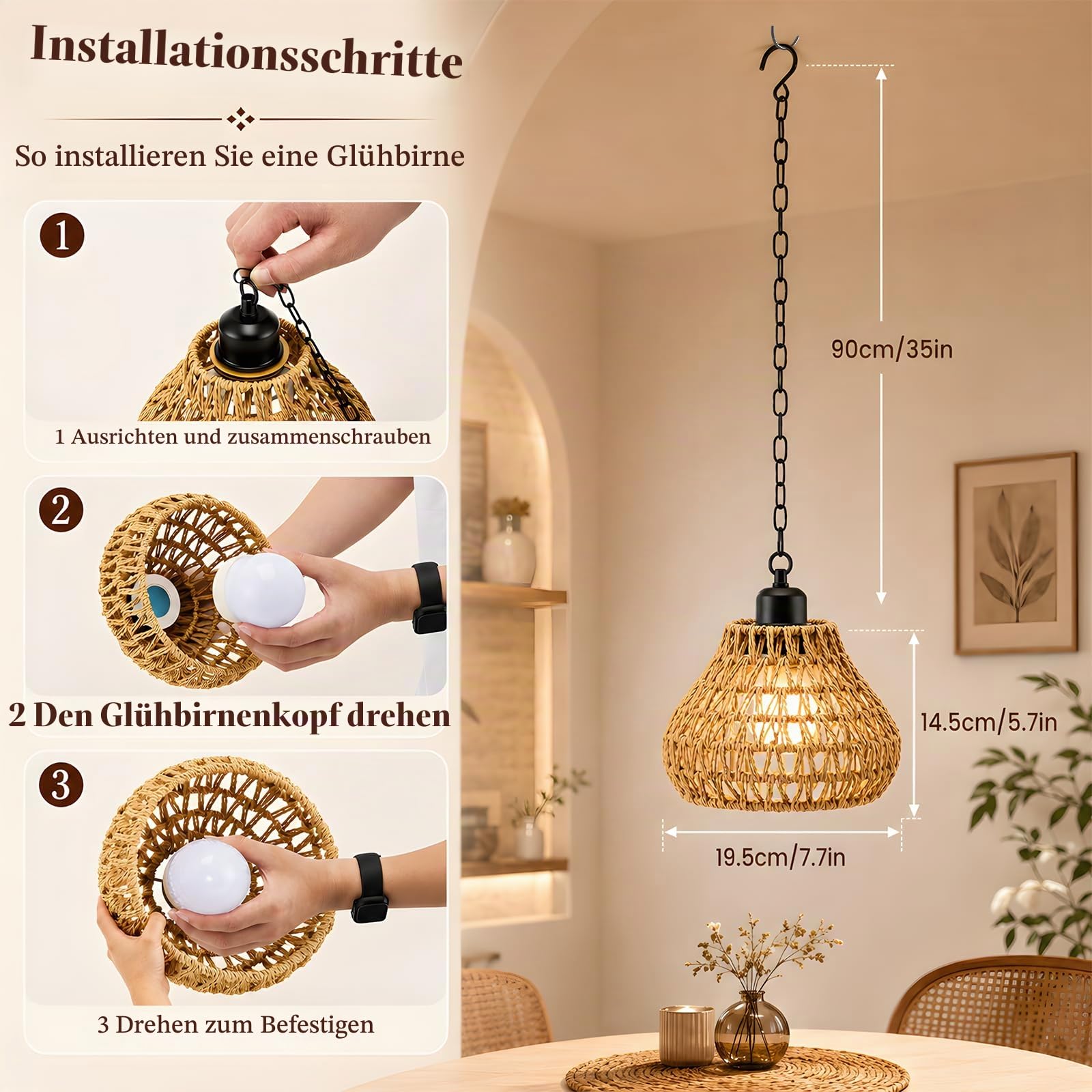 2 Stück hängelampe outdoor mit Fernbedienung, Boho Batteriebetriebene Lampe Hängeleuchte Ohne, IP65 Hängeleuchte Boho Rattan, Tragbare für Innen Außen Garten Terrassen Schlafzimmer Esstisch
