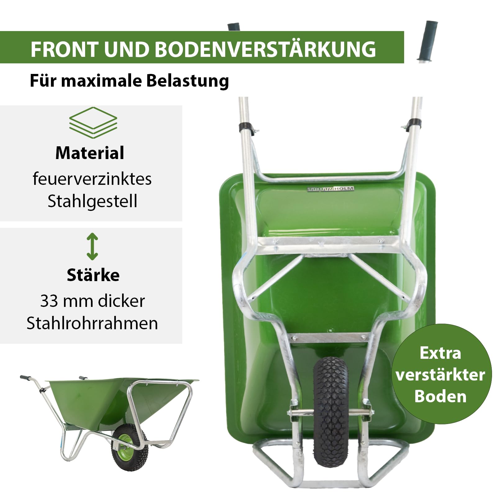 1-Rad Schubkarre XL 220 L 300 kg Luftrad Hofkarre Futterkarre grün Metallfelge Siebkarre groß für Stall Pferde Hof Garten Laub Heu Gras, Gartenkarre Großmuldenkarre Landwirtschaftskarre
