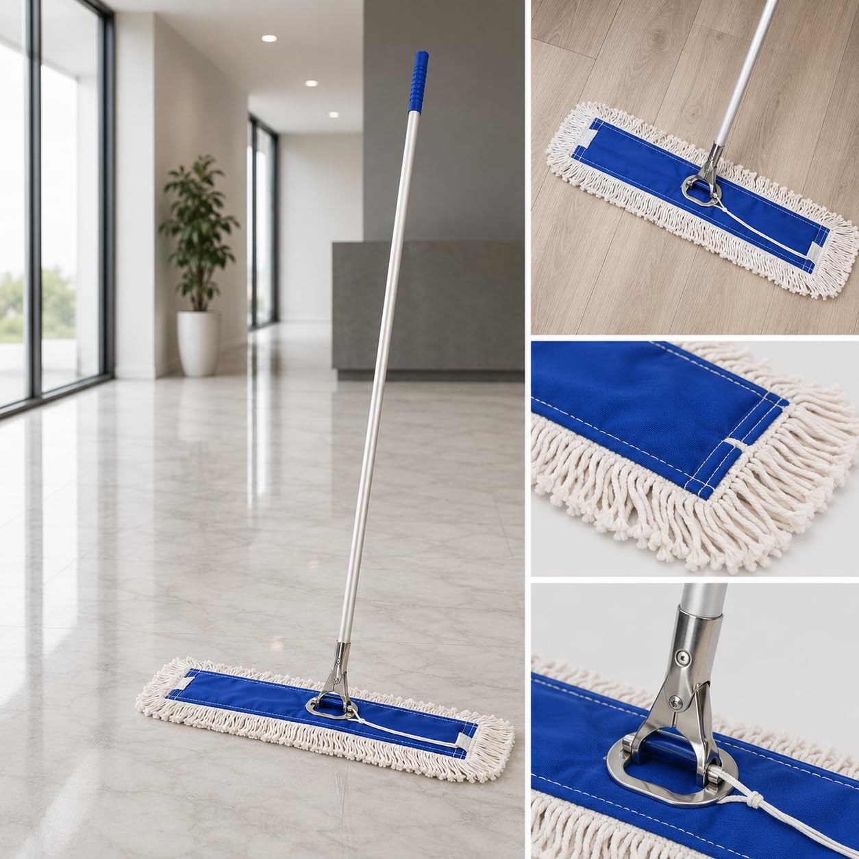 Mopa Industrial de Algodón con Palo de Aluminio 130 cm | Sistema Completo con Bastidor y Recambio Profesional | Limpieza de Suelos Mármol, Gres, Terrazo y Parquet (90 cm)