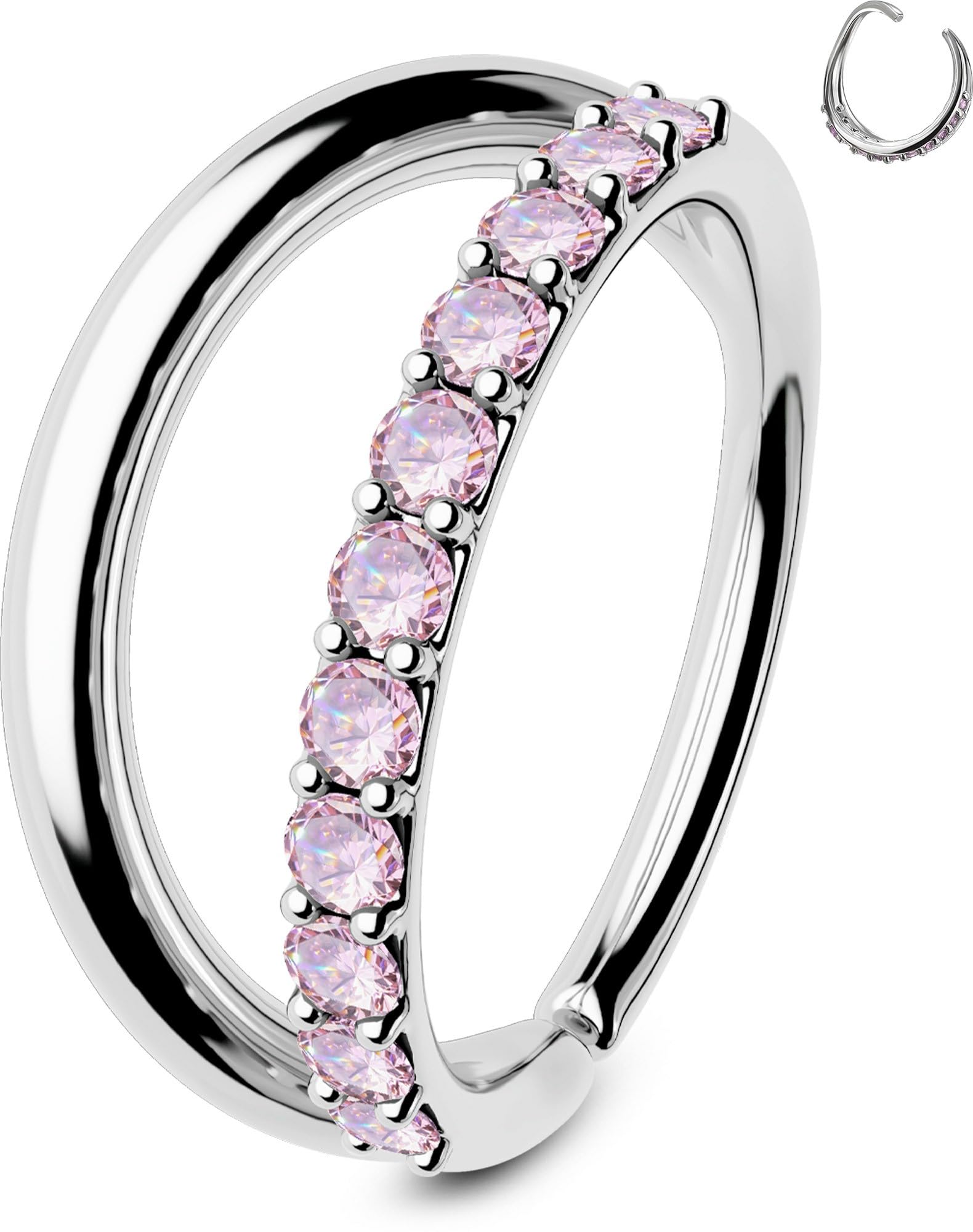 OUFER 20G Nose Hoop Ring Clear/Blue/Pink CZ Seamless Open Double Line Helix Piercing 8 mm Cartilage Earring Body Piercing Jewellery Rook Hoop