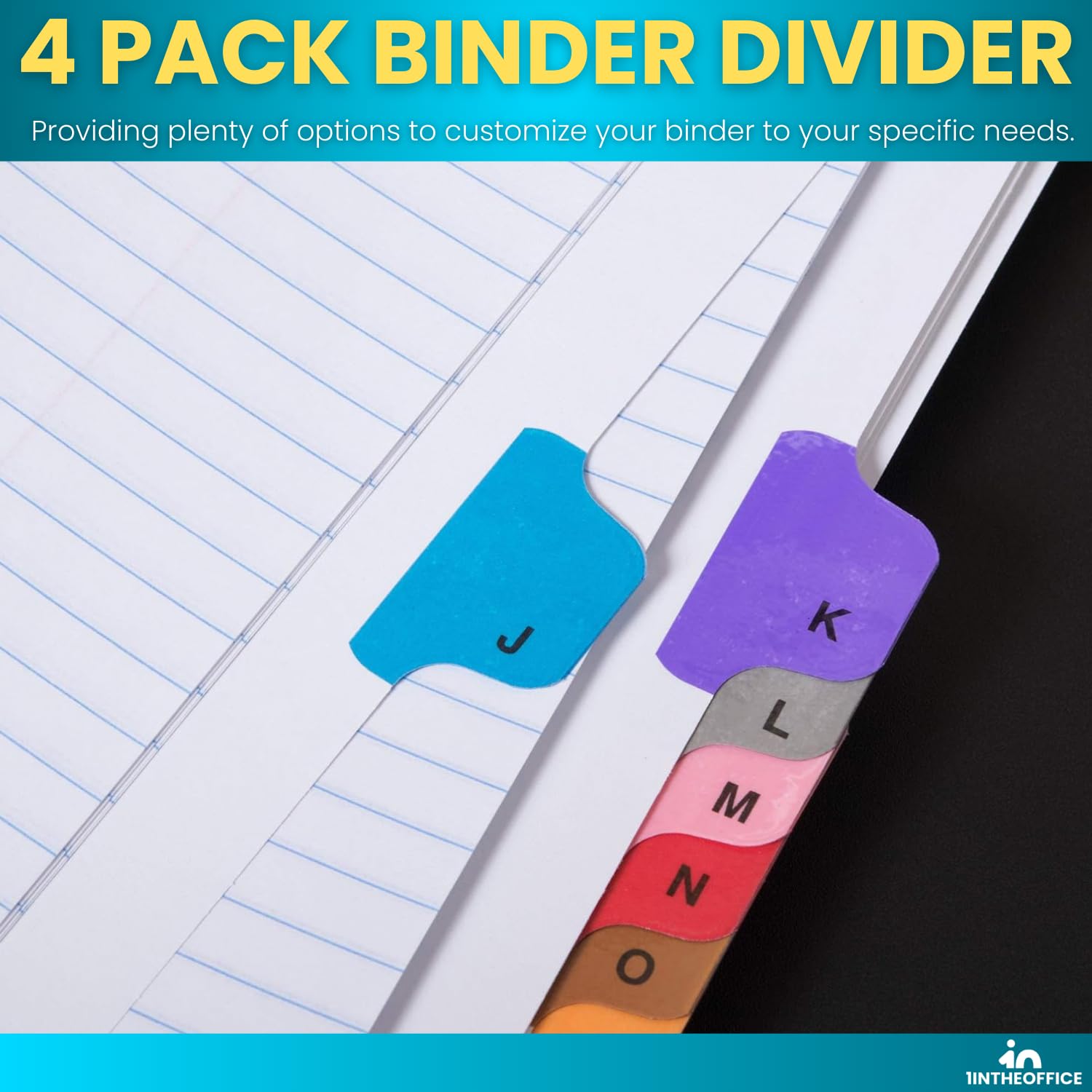 1InTheOffice Divisores alfabéticos para carpetas de 3 anillos, separadores de carpetas de pestañas A-Z, tabla de contenido personalizable, pestañas multicolor, 4 juegos
