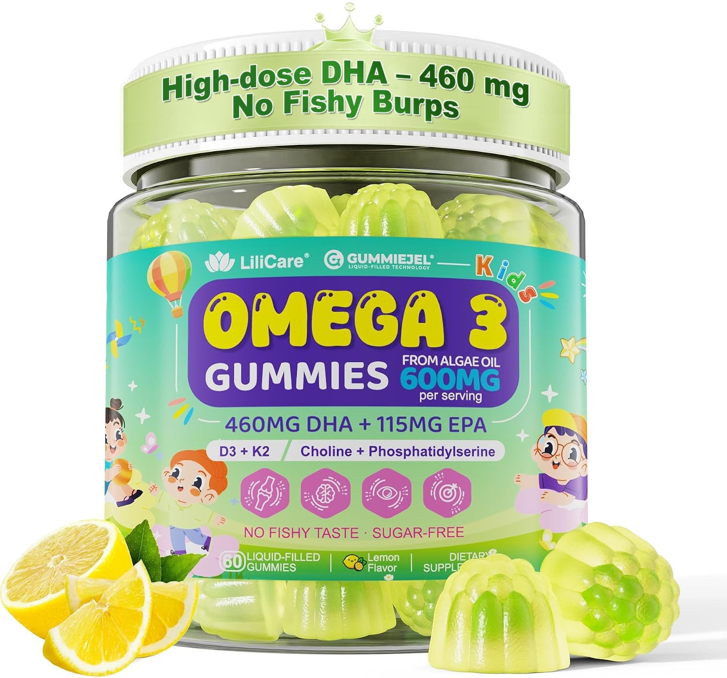 Kids Omega 3 DHA Gummies, 460 mg DHA & EPA from Algae Oil, 60 Count