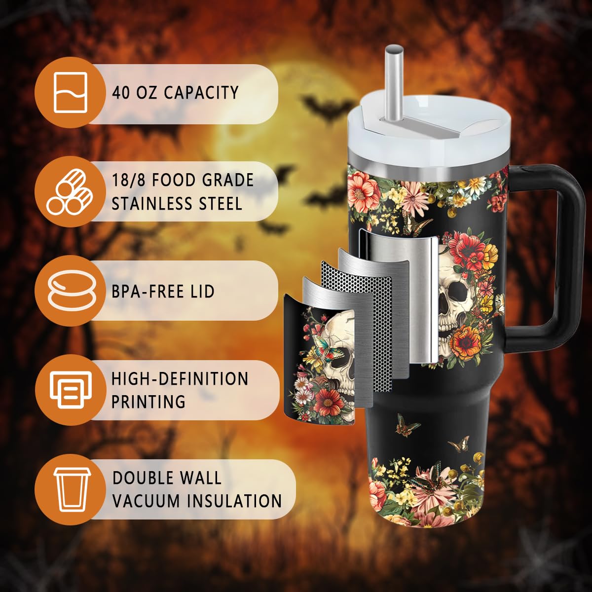 JUMBEAR Vaso De Calavera De Colores De 40 Onzas Con Asa Y Tapa Con