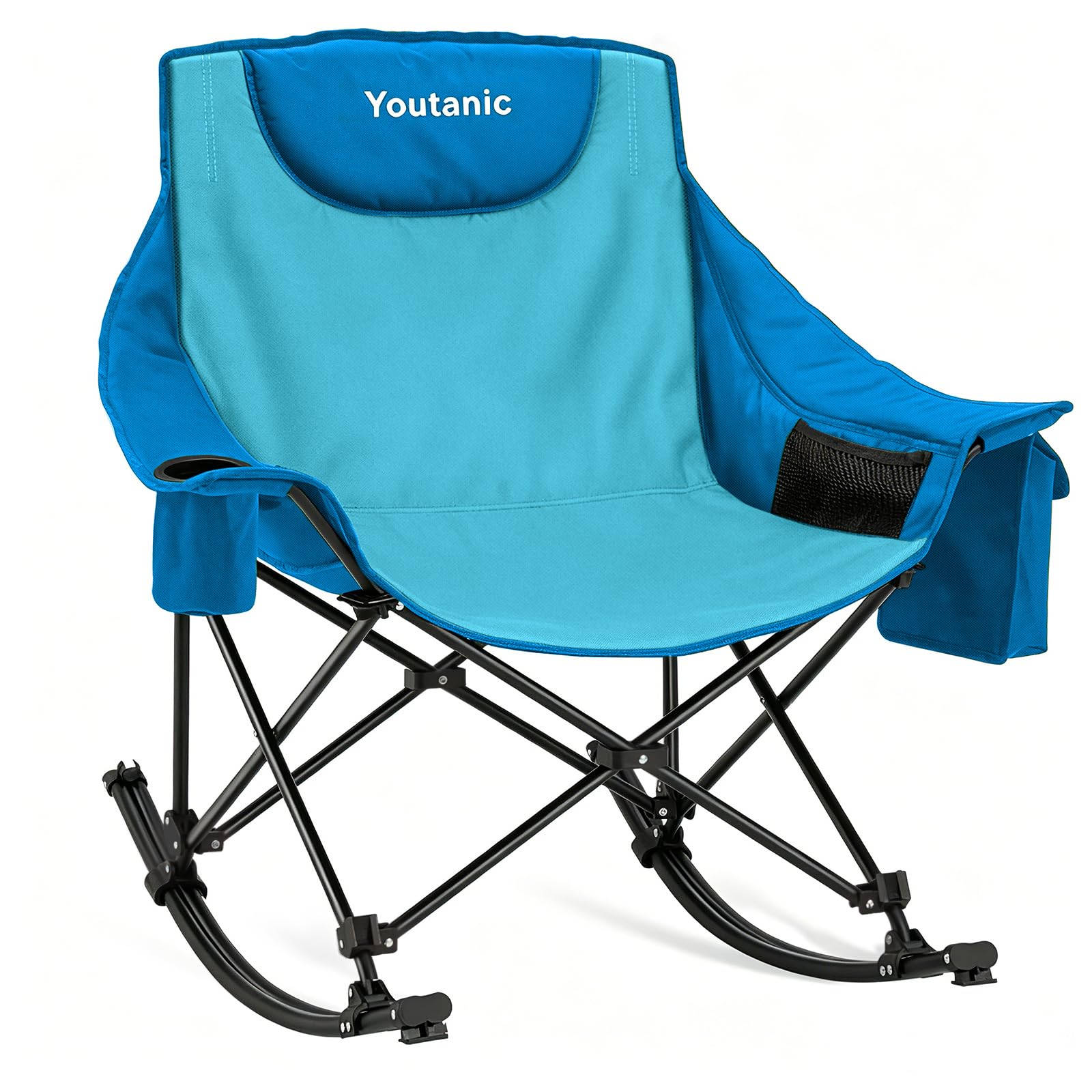 Youtanic Oversized Folding Rocking Camping Chair, Padded Portable Rocking Chair with Pockets, Cup Holder and Carry Bag, Heavy Duty Outdoor Rocker Patio Chair for Garden, Lawn, Yard, Up to 350lbs