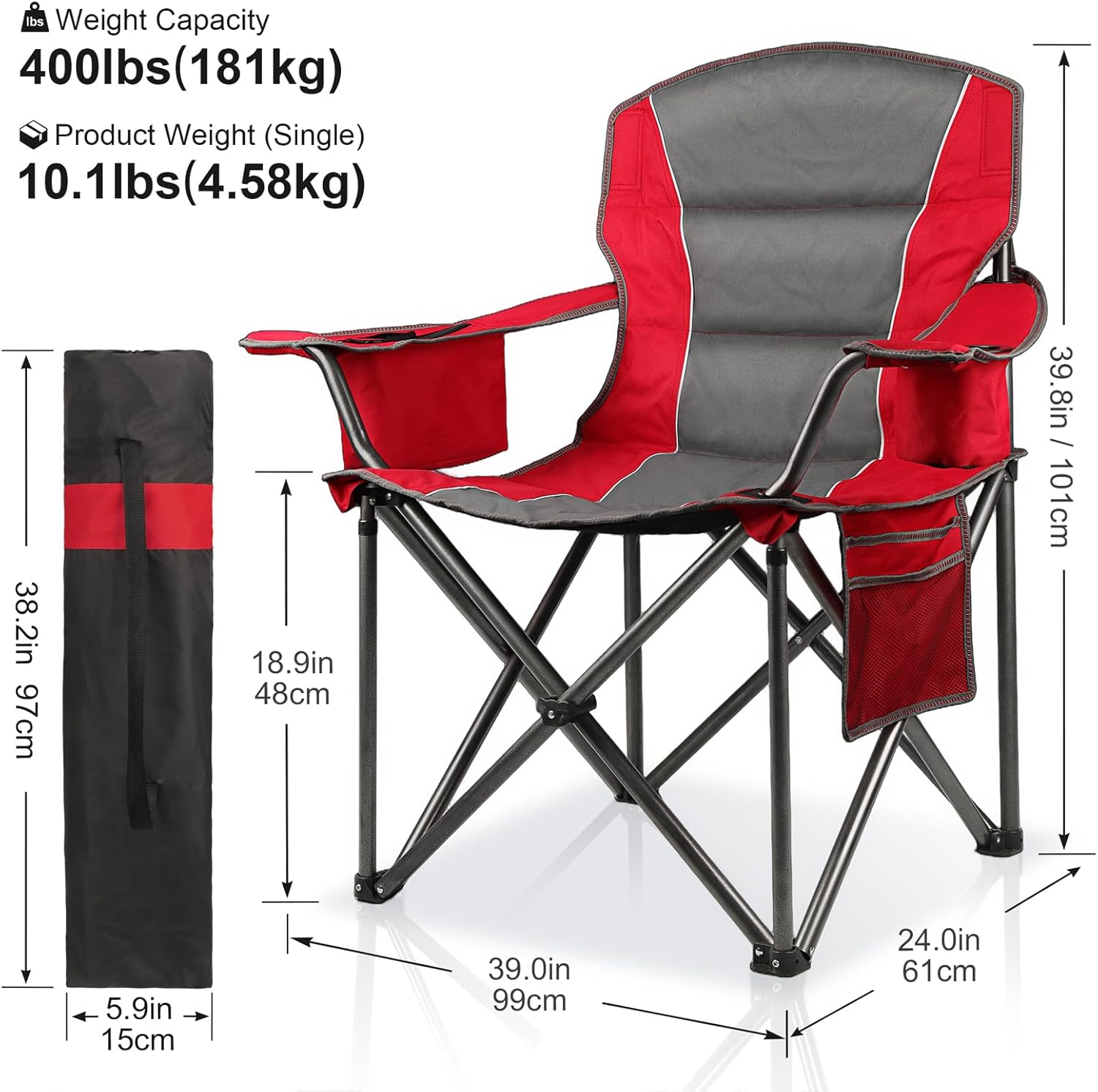 Oversized Padded Camping Chairs for Adults,Heavy Duty Support 400 Lbs,Folding Portable Lawn Chair w/Cup Holder,Cooler Bag,Side Pocket,Perfect for Outdoor Picnic,Hiking(Red)