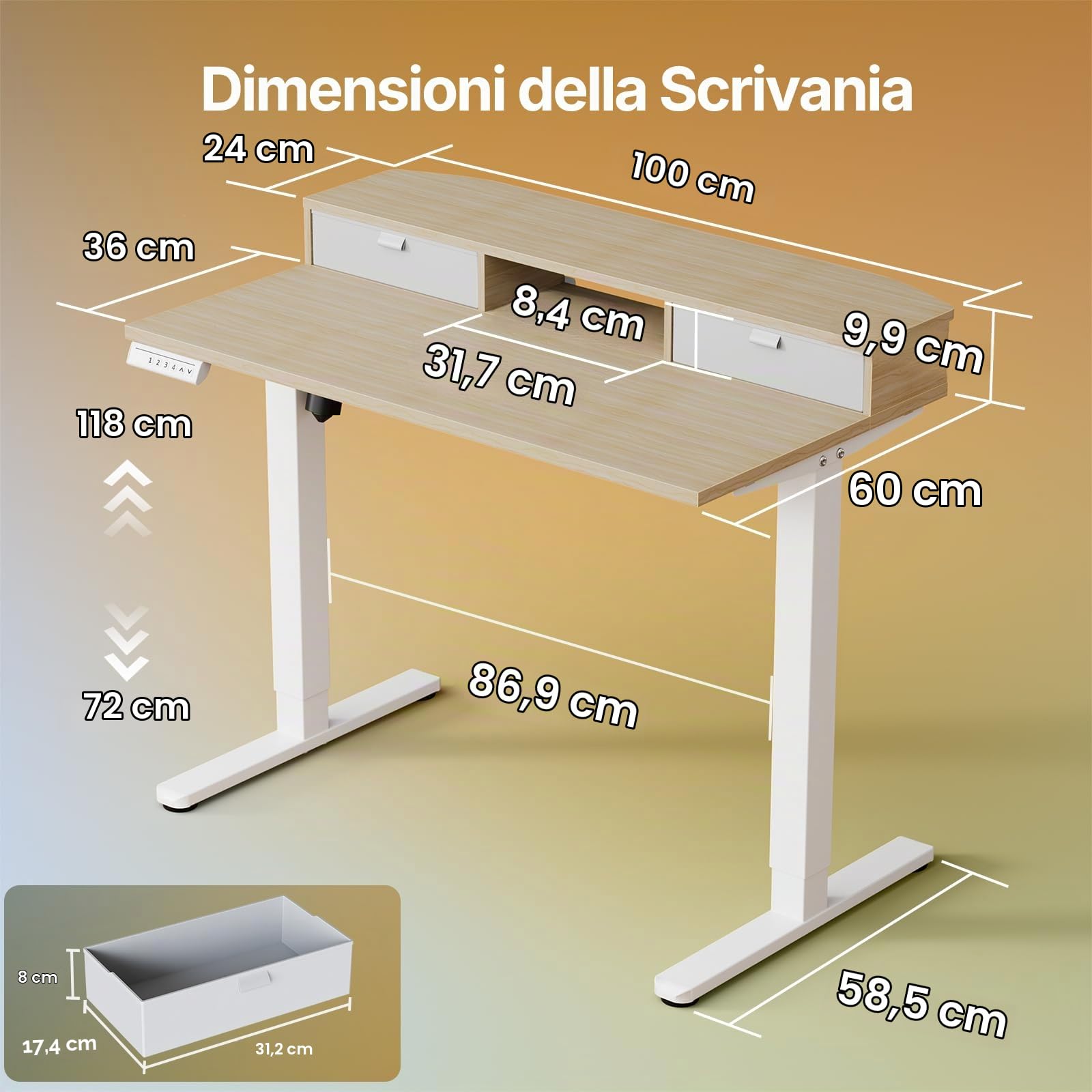 HUANUO Scrivania con Cassetti 100 x 60 cm 4 Memorie | Supporto a Morsetto a C, Scrivania Regolabile in Altezza, Stand Up Ufficio