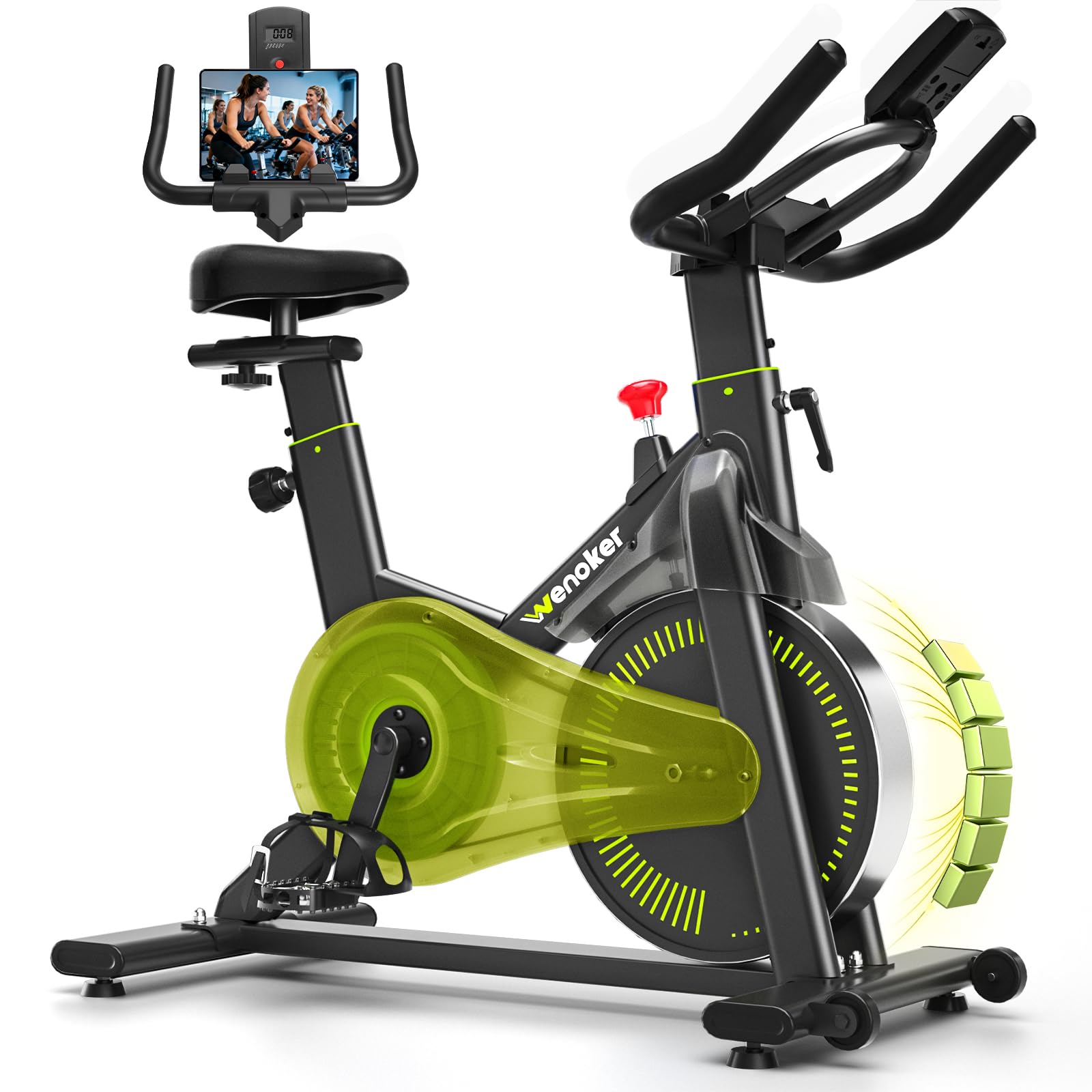 Exercise Bike, Wenoker Magnetic Stationary Bike for Home App Sync Indoor Bike with Adjustable Seat and Handlebar, Transport Wheels and Fitness Courses for Weight Loss[Black Yellow]