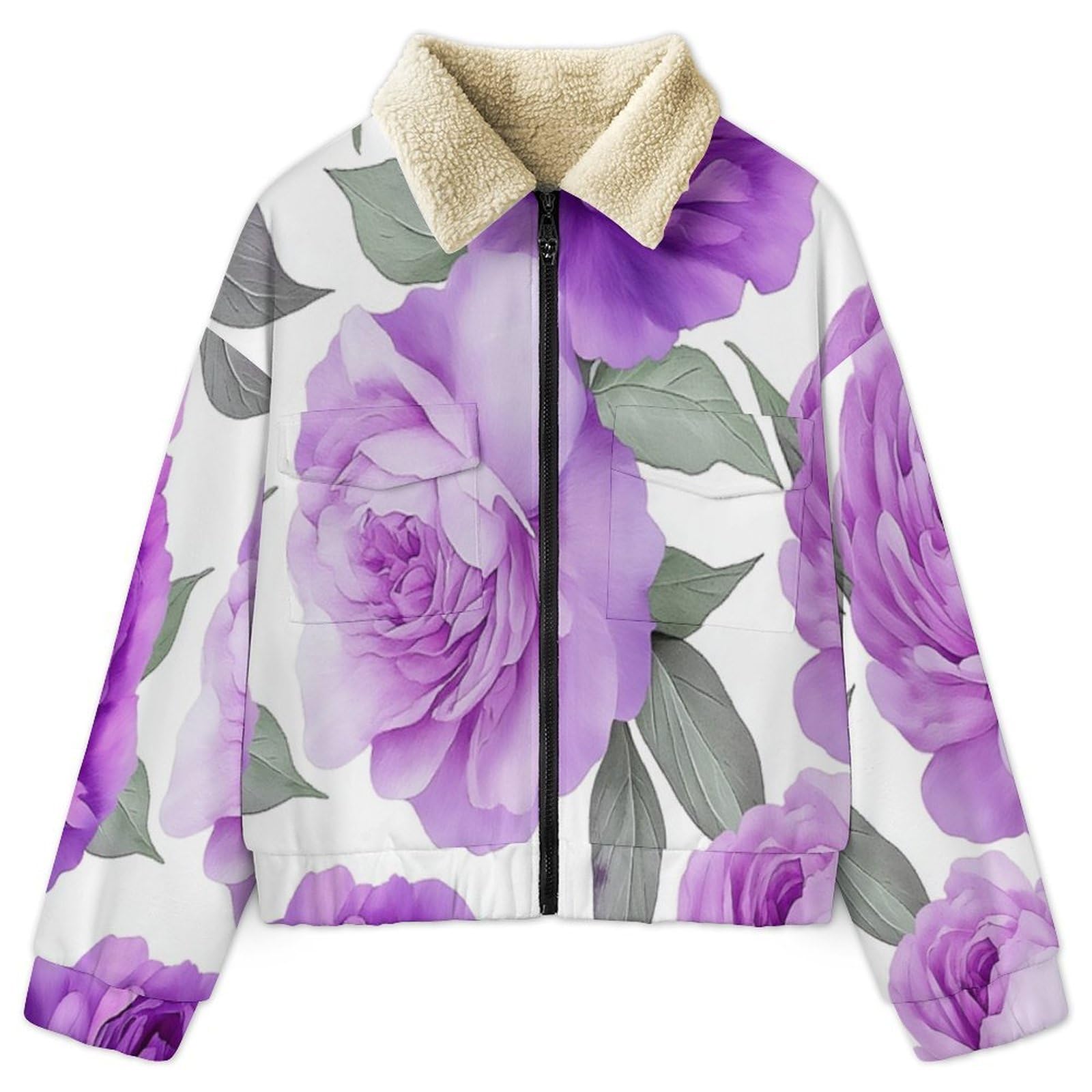 Giacca in Pile da Donna con Chiusura Lampo su Tutta la Lunghezza, Colletto Revers, Cappotto Peonia Rosa Calda Invernale con Tasche, per Escursioni e Tempo Libero