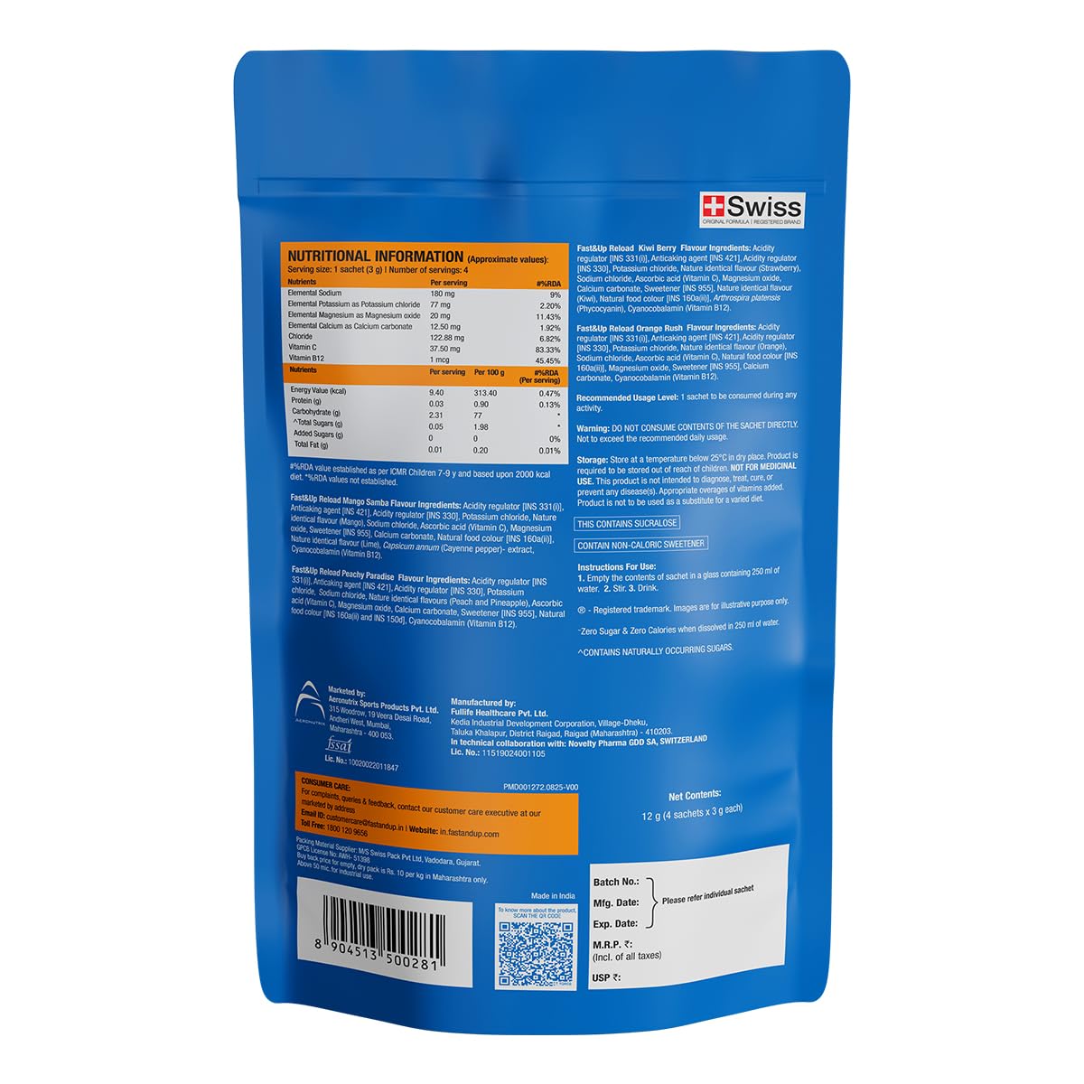 Fast&Up Reload Electrolytes Powder Sachets | Zero Added Sugar Hydration Drink with 5 Essential Electrolytes Vitamin C & B12 | Summer Heat, Workout Recovery, Travel & Wellness | Assorted Pack of 4 Sachets 3
