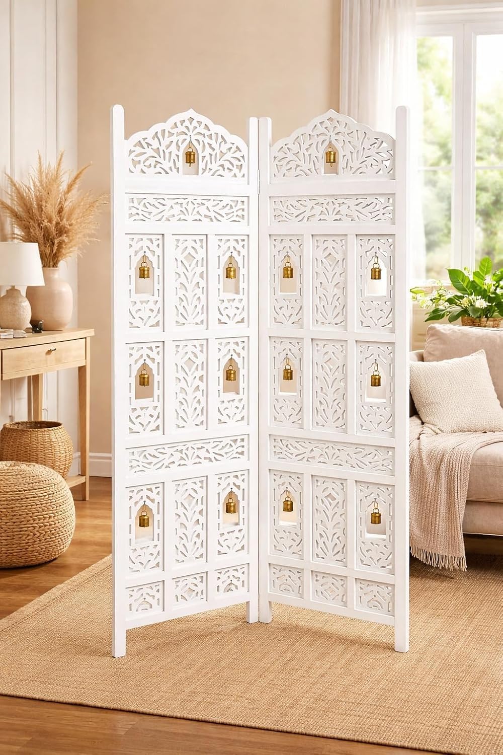 SHILPI 2 Panel Room Partition, White Wooden Carved Divider, Bohemian Style with Gold Bell Accents-image-13