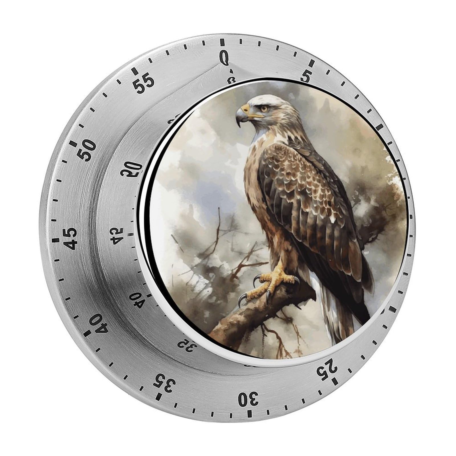 Watercolor of Hawk Sitting in The Tree Timer Exquisite Stainless Steel Body Mechanical Desk Timers 60 Minutes Visual Countdown Timers with Magnetic Backing Loud Alarm Kitchen Timer for Cooking