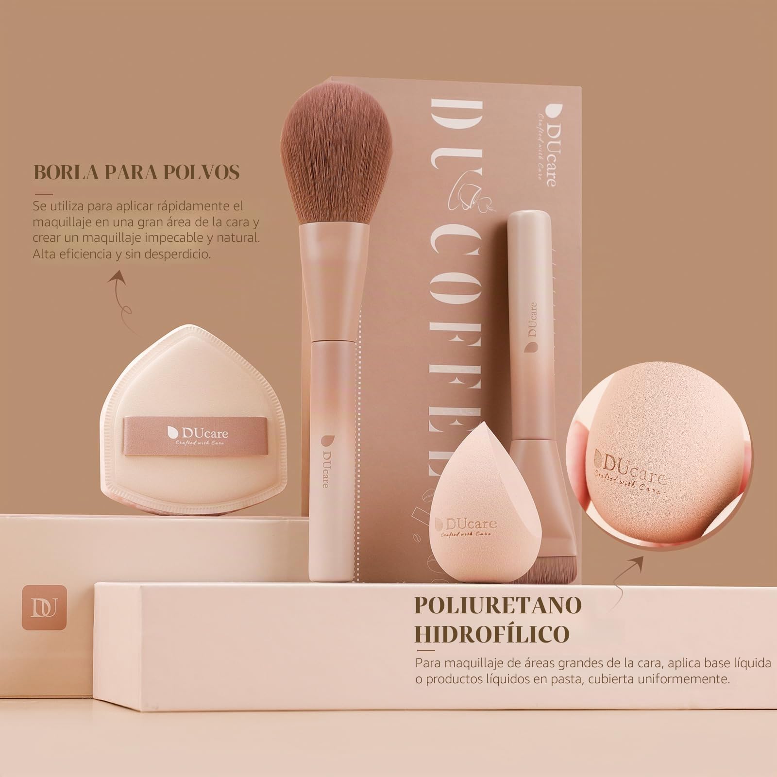 DUcare Juego de regalo de maquillaje de 14 piezas, set de 12 pinceles de maquillaje serie café con 2 esponjas de maquillaje para mezclar base, polvo facial, rubor, sombras de ojos