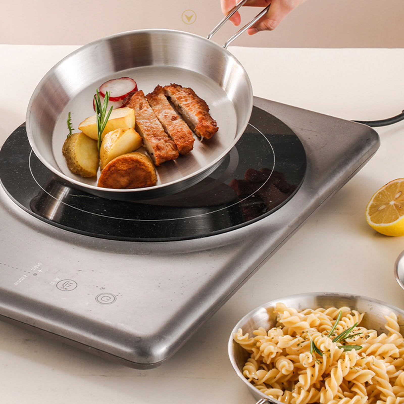 Padella antiaderente in acciaio inox per uso efficiente dello spazio, con manico pieghevole, utensili da cucina da campeggio