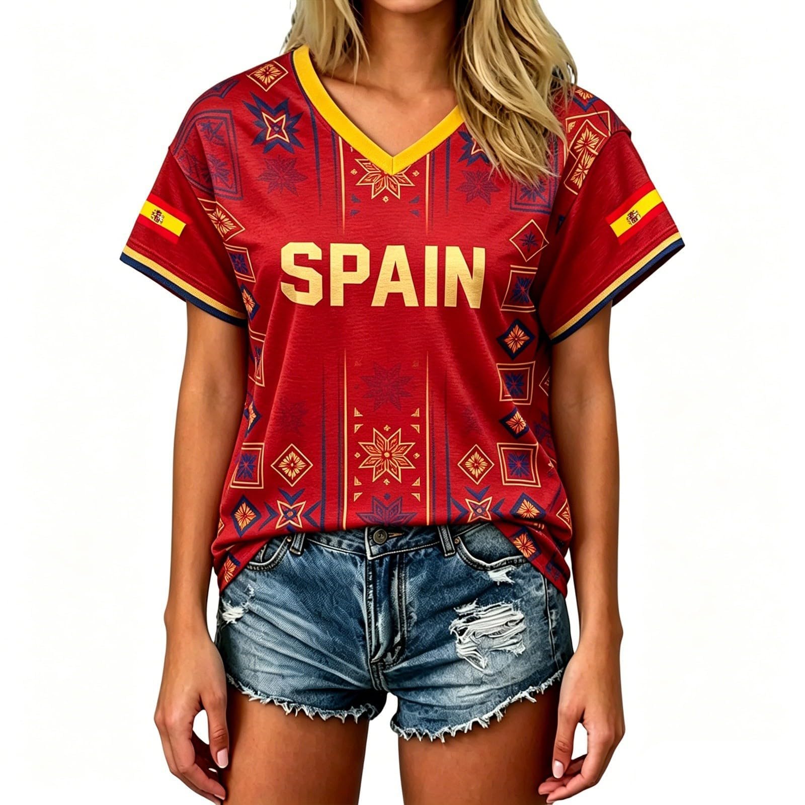 Spain Football T-Shirt for Women Short Sleeve V-Neck Shirts Spain Flag Comfortable Casual Tee Retro Soccer Jersey Adult and Kids Summer Tops (1-Brick Red, M)