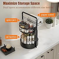 Vista 5 de JEESA Rotating Spice Rack with Paper Towel Holder, 2 Tier Lazy Susan for Spices, Sturdy Iron Seasoning Organizer for Kitchen Countertop, Black