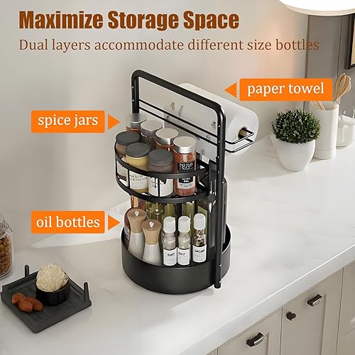 Miniatura 5 de JEESA Rotating Spice Rack with Paper Towel Holder, 2 Tier Lazy Susan for Spices, Sturdy Iron Seasoning Organizer for Kitchen Countertop, Black