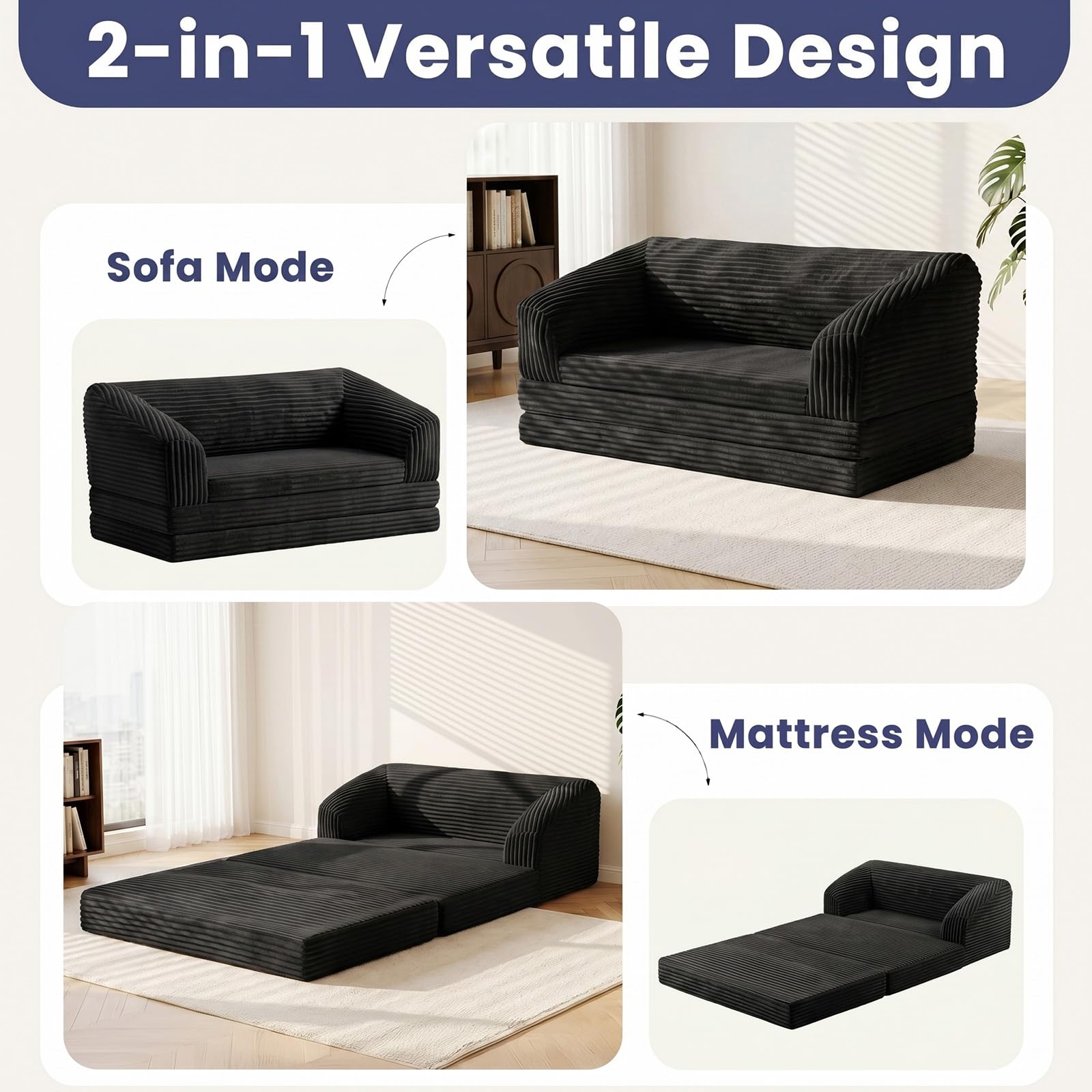 Convertible Sofa Bed, 3-in-1 Foldable Loveseat Couch with Armrest, Corduroy Floor Sofa & Sleeper Bed, No Assembly High-Density Foam Futon Mattress for Living Room, Small Apartment, Dorm
