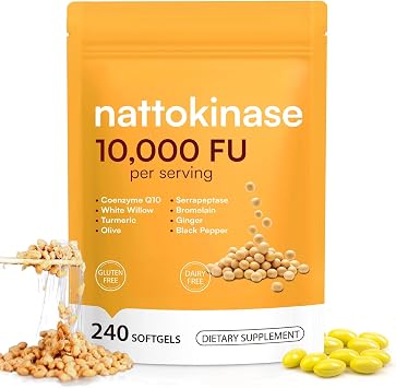 Nattokinase Supplement 10,000 FU, 240 Nattokinase Softgels Enteric Coated Softgels with MCT Oil Natural Natto Extract with CoQ10 Bromelain Turmeric Ginger Olive Leaf Non-Gluten