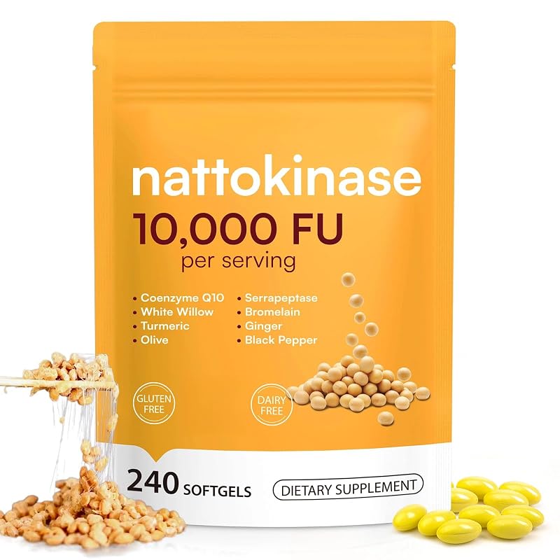 NVXNMSD Suplemento de nattokinase com bromelina, CoQ10, cúrcuma, gengibre e folha de oliveira, 10.000 FU, 240 cápsulas gelatinosas