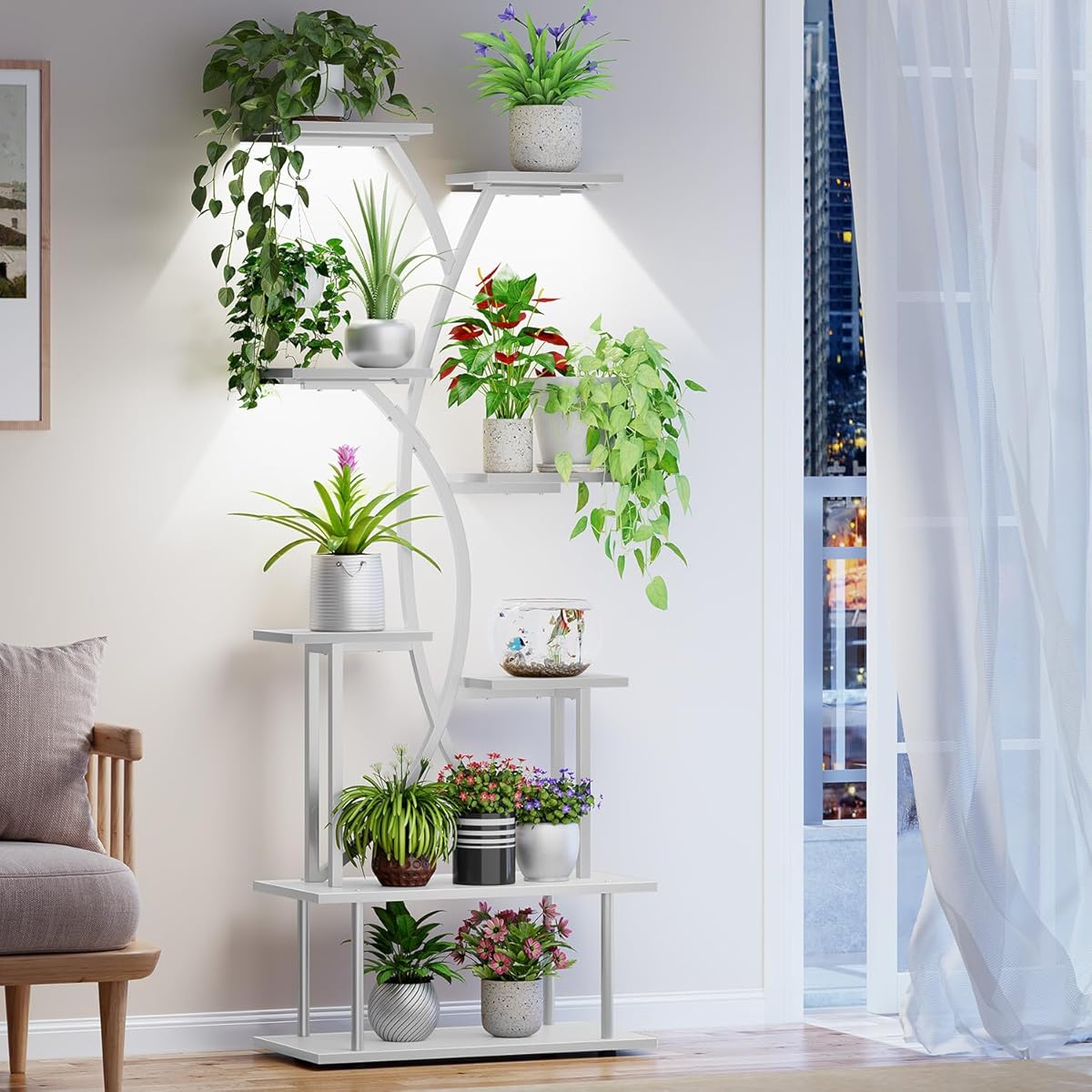 Plant Stand Indoor with Grow Lights - 8-Tier Indoor Plant Shelf, 68.11" Tall Lighted Corner Plant Stand, S-shaped Large Flower Holder for Living Room, Balcony & Patio (White)