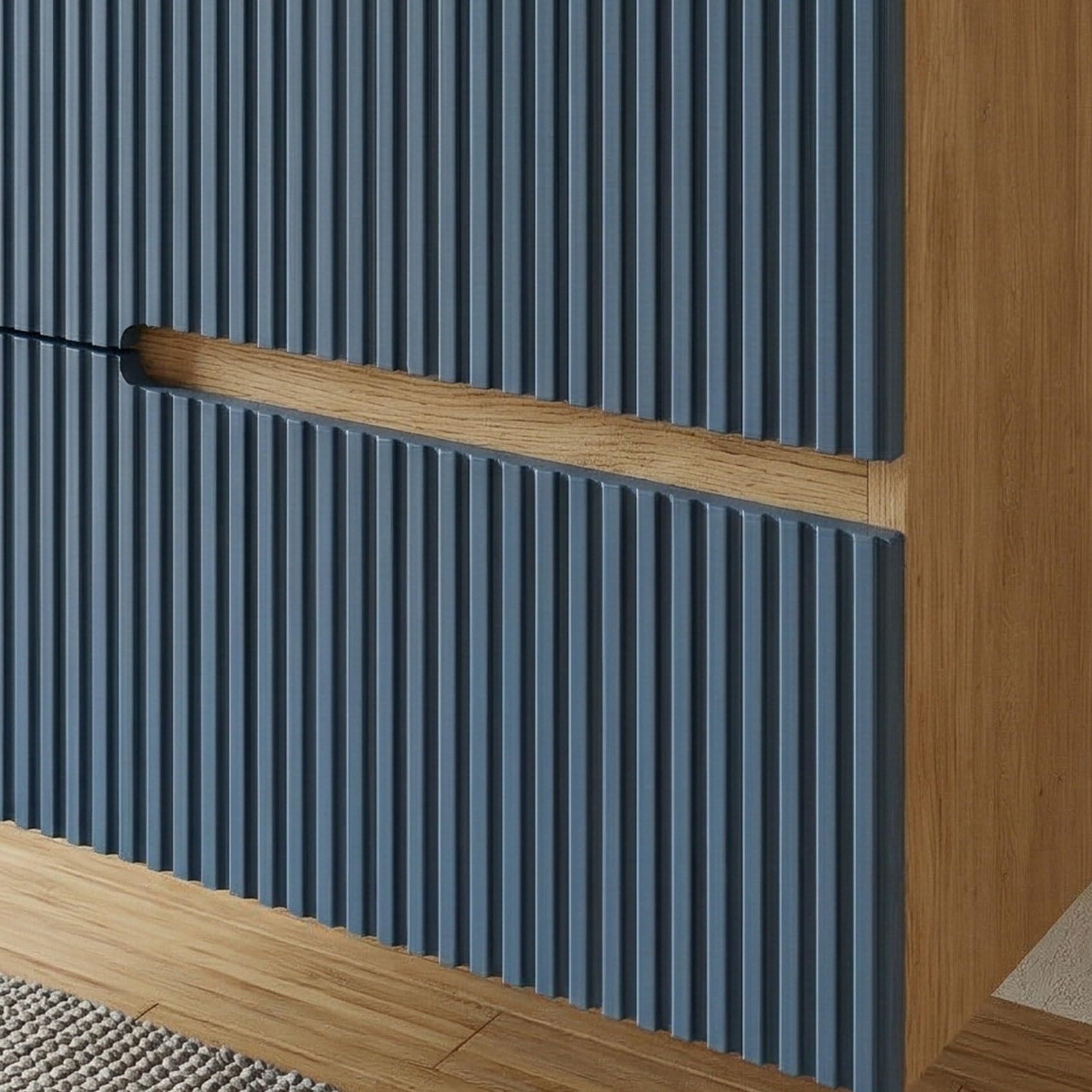 SANIVERRE EVA Meuble Vasque à Poser Suspendu L.100 cm Chêne Naturel 2 Tiroirs Bleu Mer Cannelé (sans Colonne) Salle de Bain