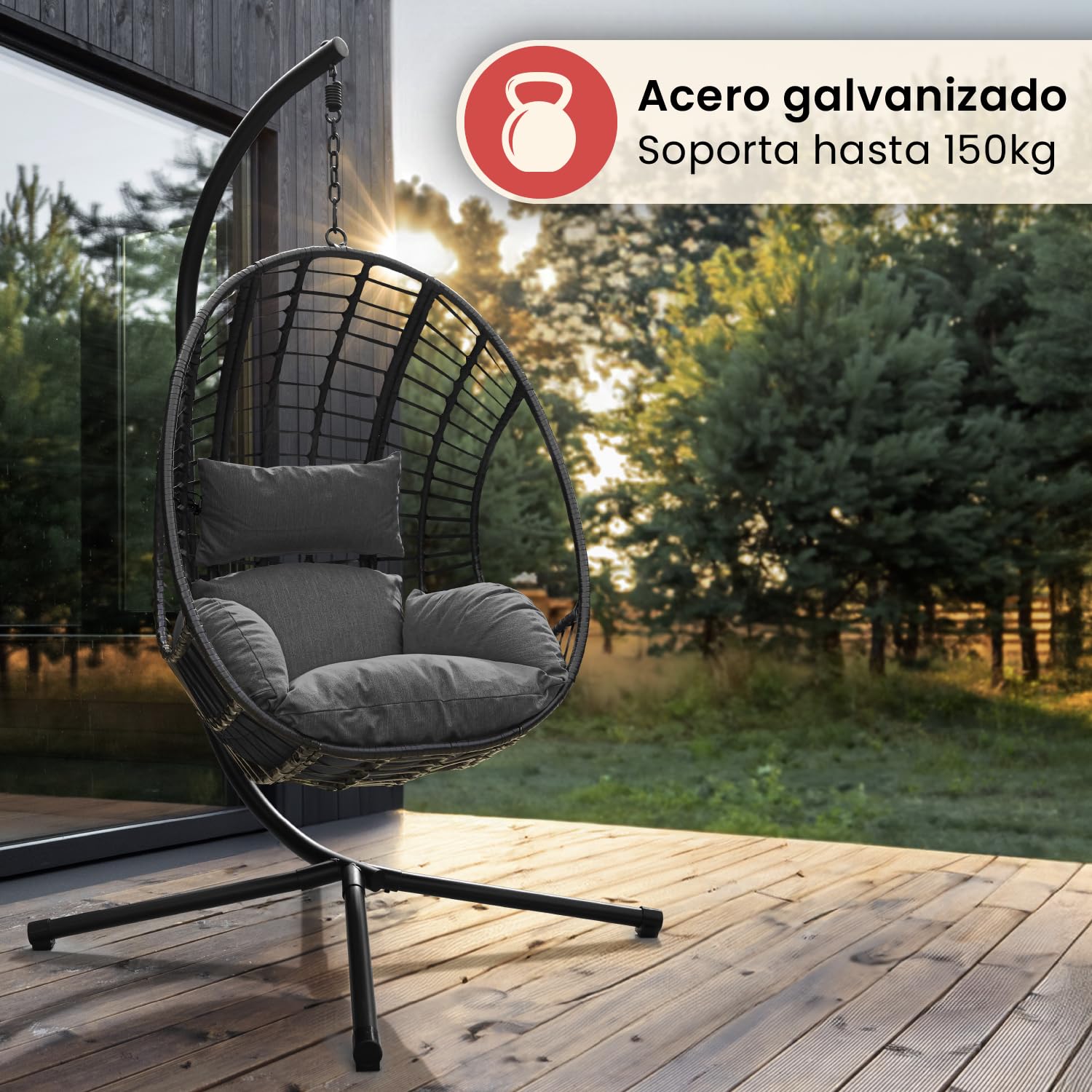 Swoods XXL Silla Colgante de Jardín - para Interior y Exterior - Silla Colgante con Base - Incluye Cojines - Resistente a la Intemperie - Carga máxima 150 kg