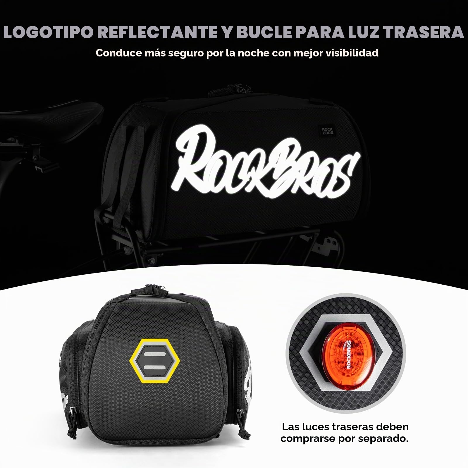 ROCKBROS Bolsa Trasera para Bicicleta 14.9L con Bolsillos Laterales y Correa de Hombro, Bolsa de Portaequipajes Reflectante para Ciclismo, Viajes y Desplazamientos
