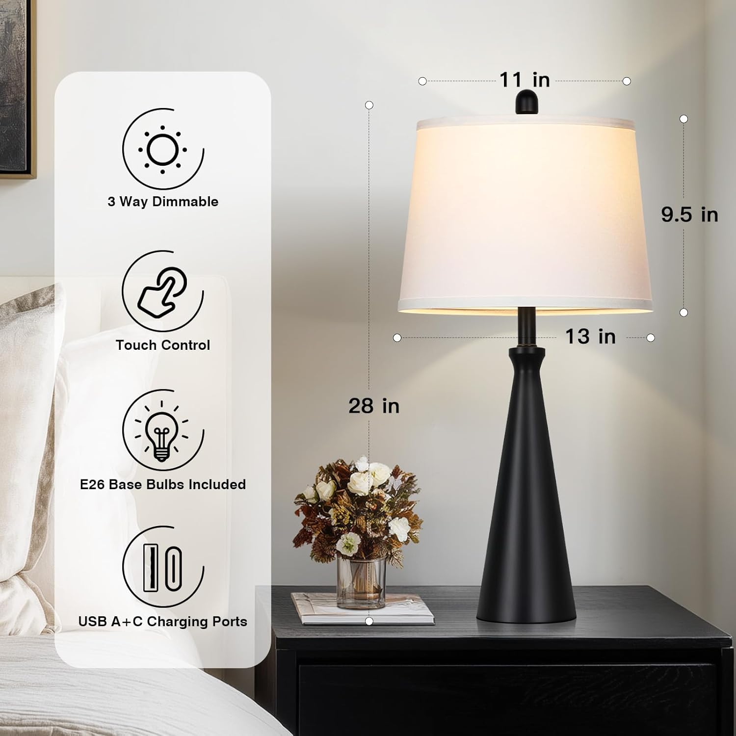 28" Black Table Lamps Set of 2, Touch Control Tall Living Room Lamp with USB A+C Ports,3-Way Dimmable Bedside Lamps for Nightstand,Modern Metal Bedroom Lamp,2 Bulbs Included