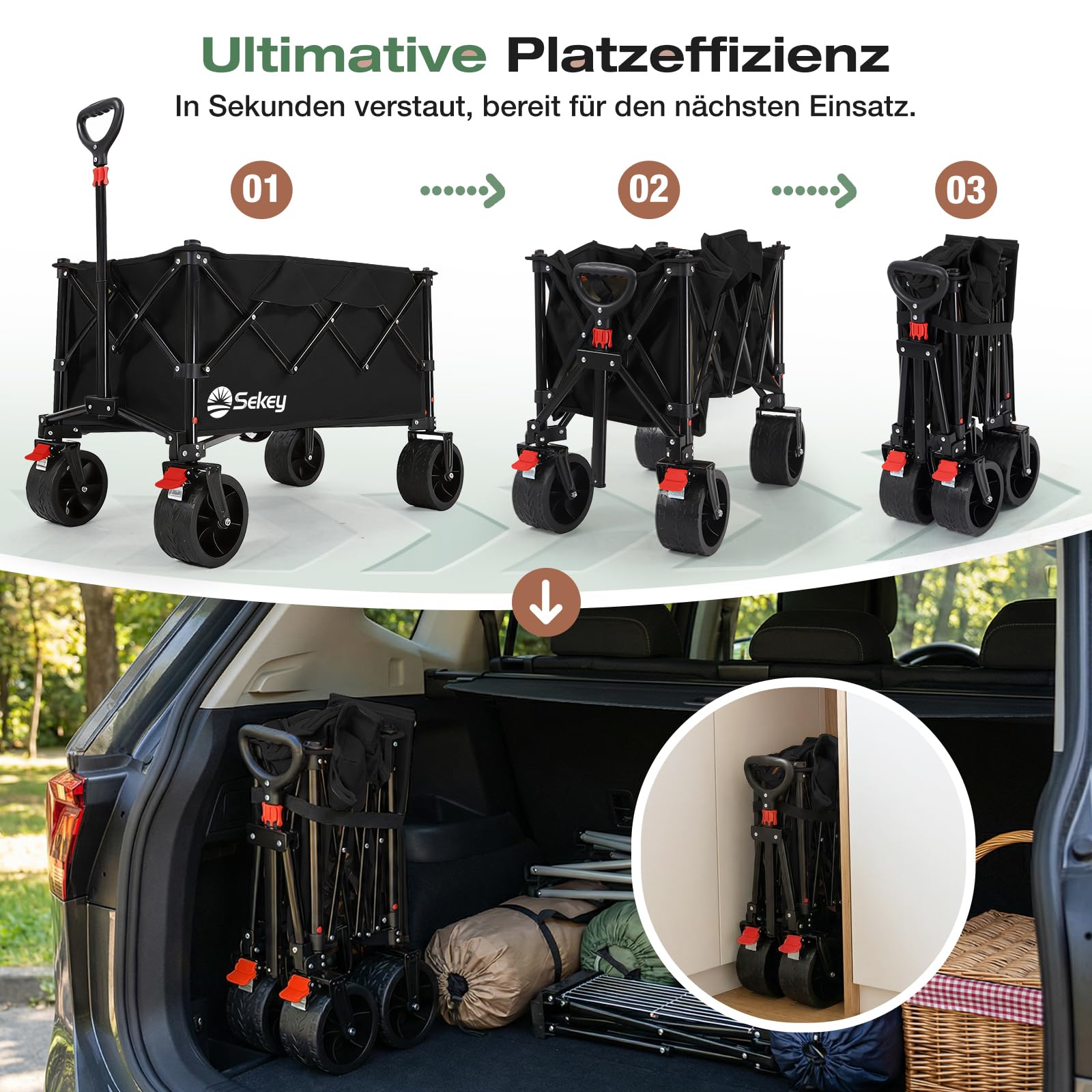 Sekey XXL Bollerwagen Faltbar 135L 150KG Belastbar, Leichter Faltbollerwagen mit Breite 17x8,5cm Räder Handwagen mit Bremse, Patentiert 4-Wege-Sofortaufbau Transportwagen, 4031 All Terrain, Schwarz