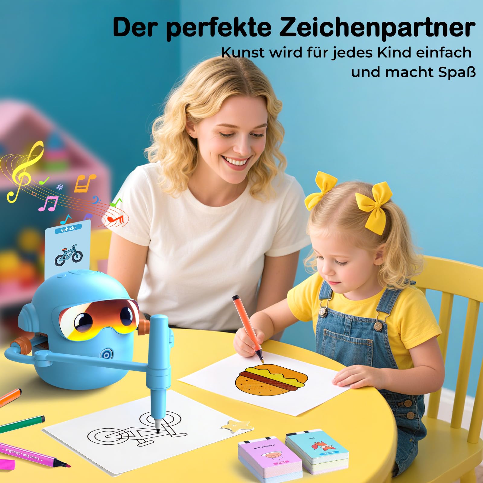 NAUQUOHZ Malroboter für Kinder, Zeichenroboter Kinder Voice-Sprachinteraktiver Pädagogischer Drawing Robot mit 100 Karten, 16 Buntstifte & Musik, EIN Geschenk für Jungen Mädchen