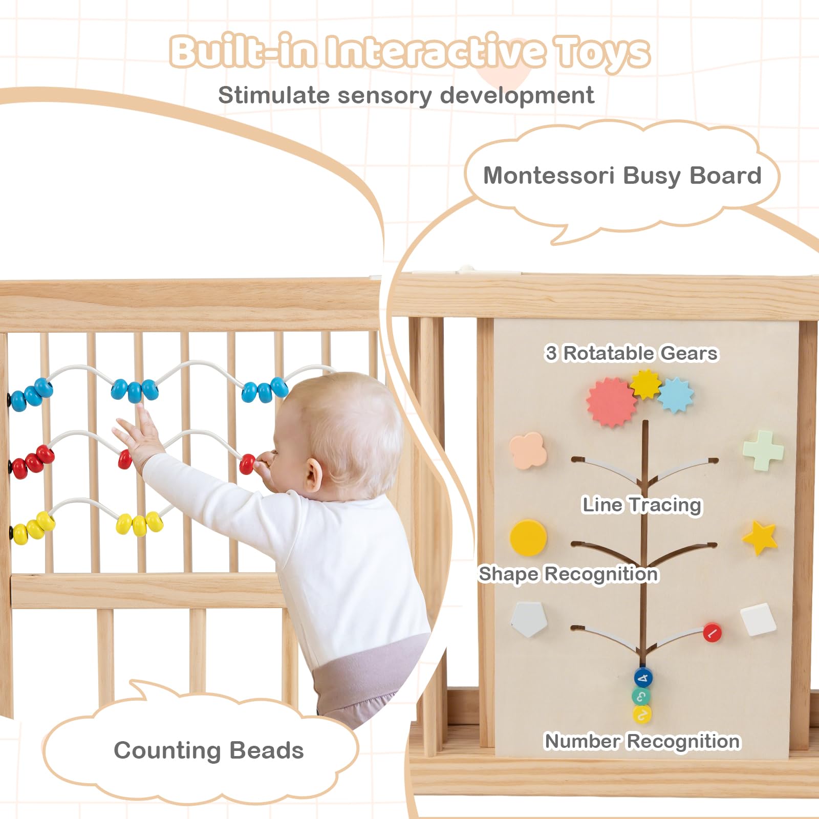 FANTASK Box per bambini in legno di pino, box pieghevole con 8 pannelli, porta, chiusura di sicurezza e tavola Montessori, griglia per gattonare espandibile per neonati e bambini, 160 x 160 cm