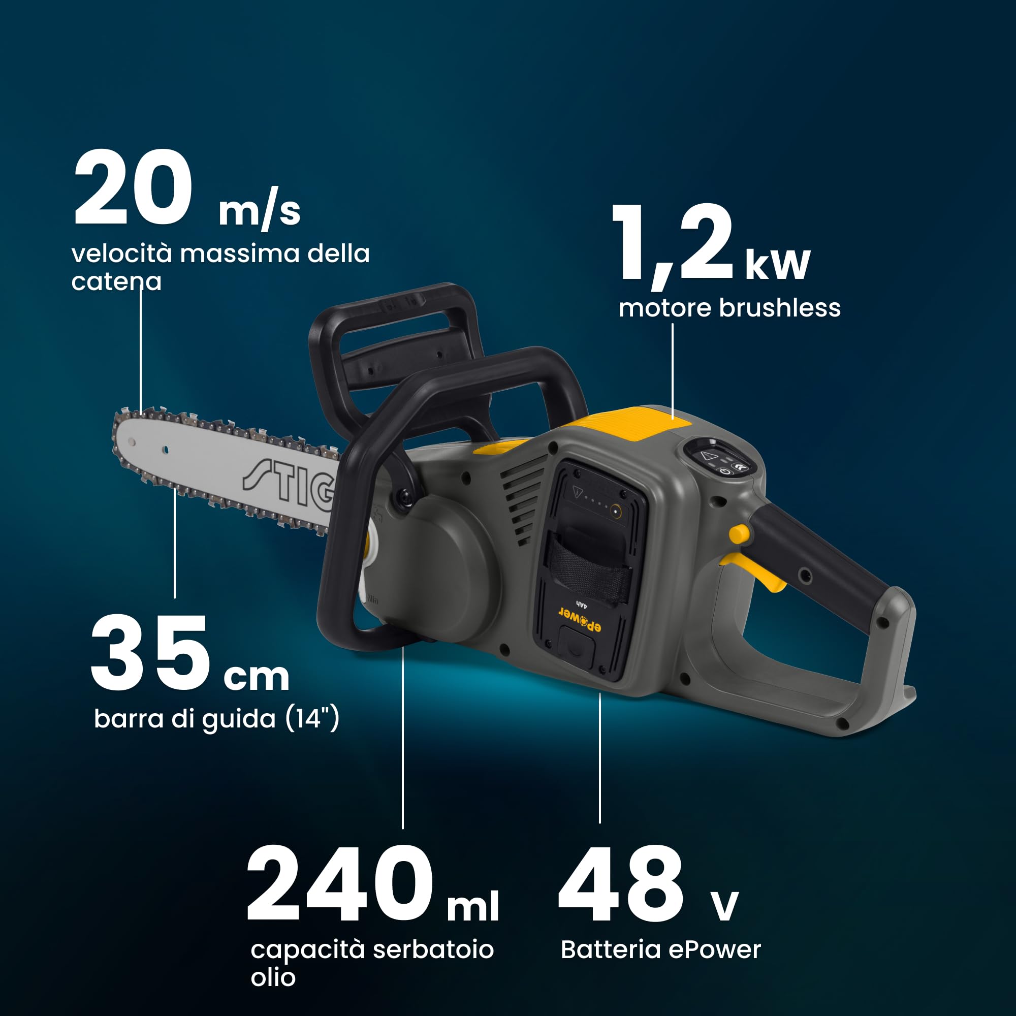 STIGA CS 700e Motosega A Batteria, 48V, Barra 35 cm – Selettore Velocità 16/20 m/s, Freno Inerziale – Potatura E Taglio Di Rami E Tronchi