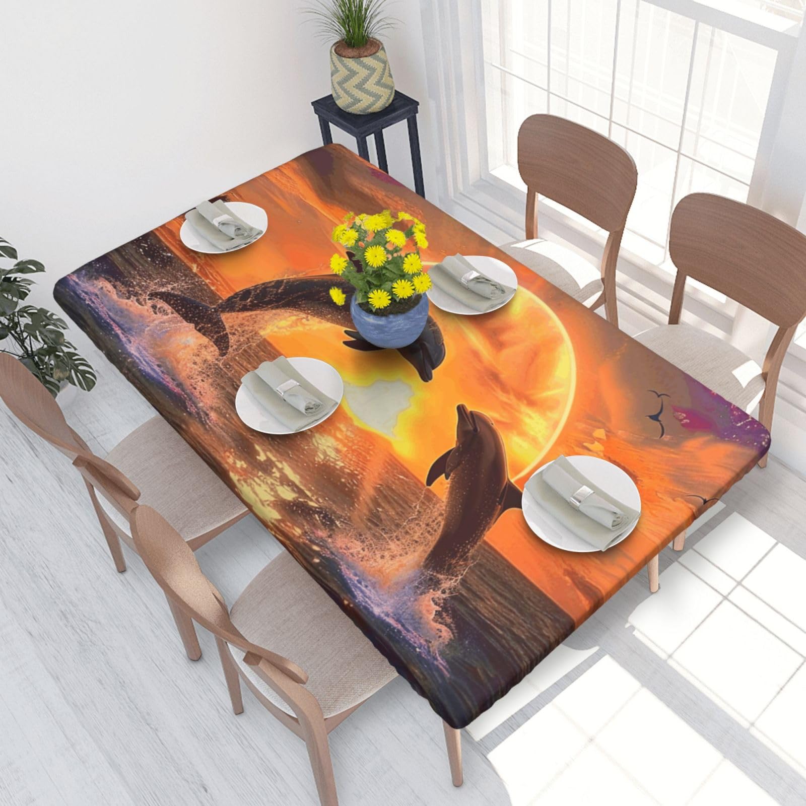 DCARSETCV sunset dolphins Printed 4FT Waterproof Tablecloth with Elastic Edged Protect & Decor Your Table, Oil-proof Washable Table Cloth Cover for Dinner Picnic Party