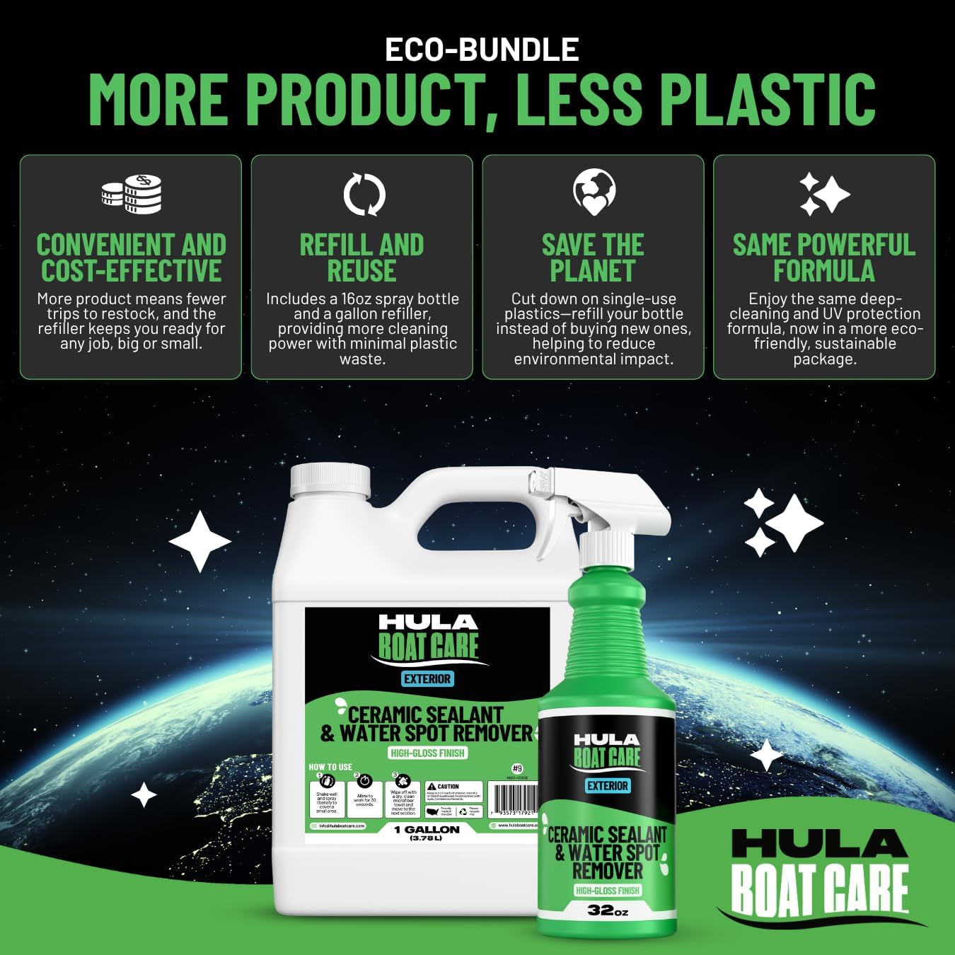 Hula Water Spot Remover Eco Bundle – 32oz Spray Bottle and 1 Gallon Refill | Exterior Boat Cleaner Spray with Ceramic Coating for Added Protection | High-Gloss Finish | Made in USA (32 oz)