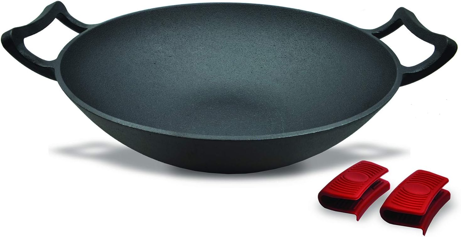Pre-Seasoned Cast Iron Nonstick Hot Wok Burner Pan with Large Loop Handles - 13" Diameter, 5.5" Wider Flat Base - Includes silicone hot pan handle holders, Great for induction, gas,electric tops