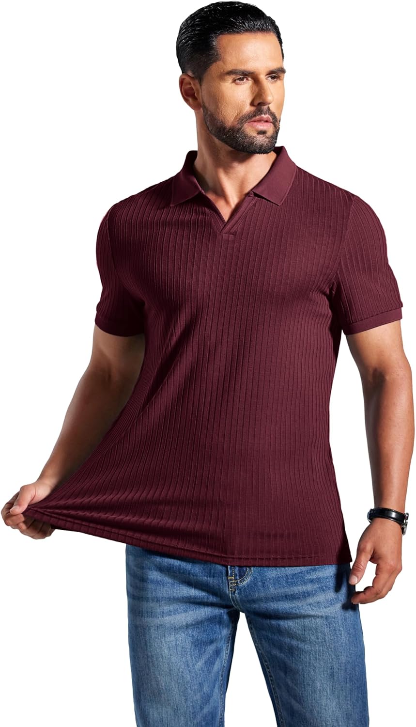 COOFANDY Men's Ribbed Polo Shirts Short Sleeve V Neck Slim Fit Polo T-Shirt Casual Summer Collared Golf Shirt - Image 6