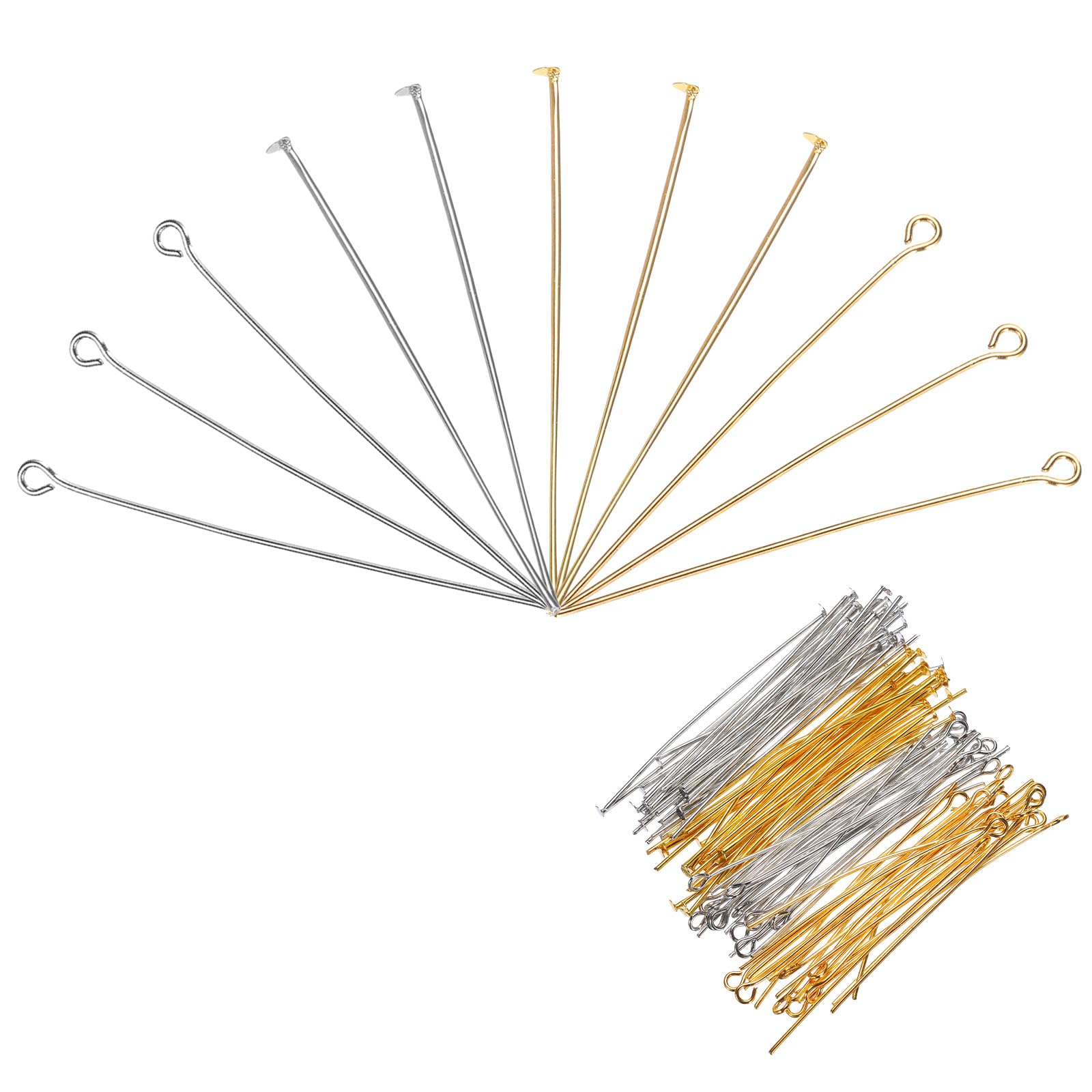 MECCANIXITY 400Pcs Gold White Iron Eye Pins 50mm 21 Gauge/0.7mm Eye Pins for Jewelry Making Findings DIY Craft Necklaces Bracelets Earrings Head Pins