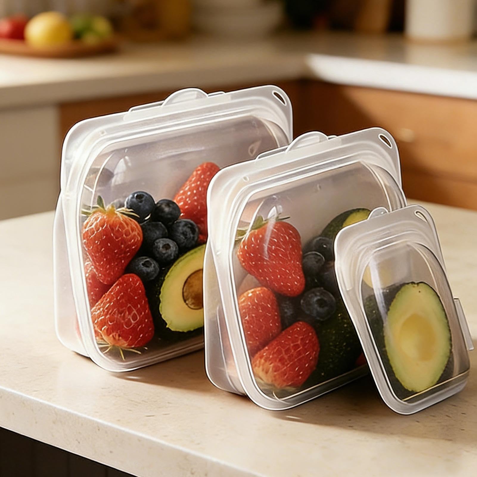 Bolsas Reutilizables para Snacks 3 Bolsas de Almacenaje de Silicona | Aptas para Microondas para Preparar Comidas, Viajes, Carne, Queso, Verdura, Fruta