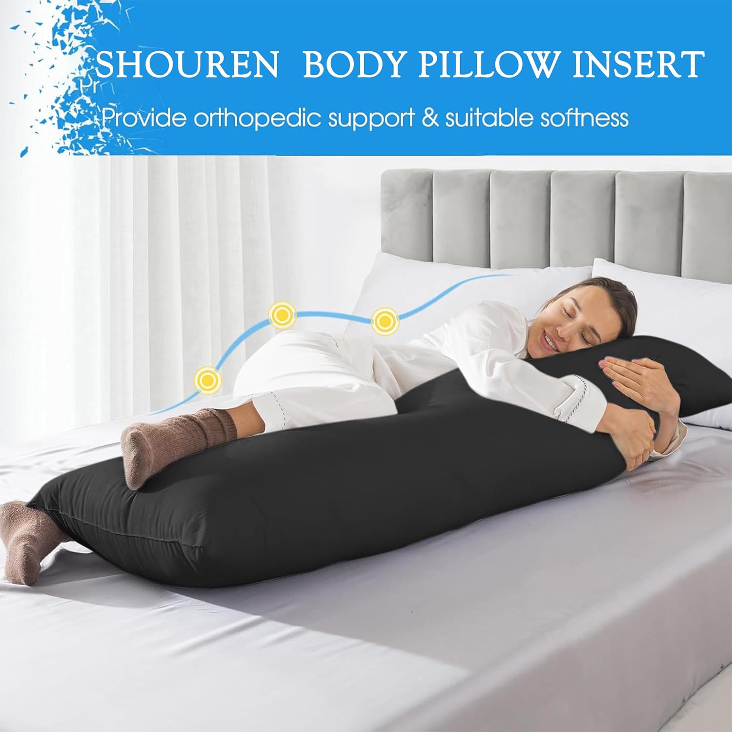 SHOUREN Cotton Body Pillow Insert - Cooling Breathable Full Body Pillow for Side Sleeper - Soft Long Bed Pillow for Adults - 20 x 54 inch-Black