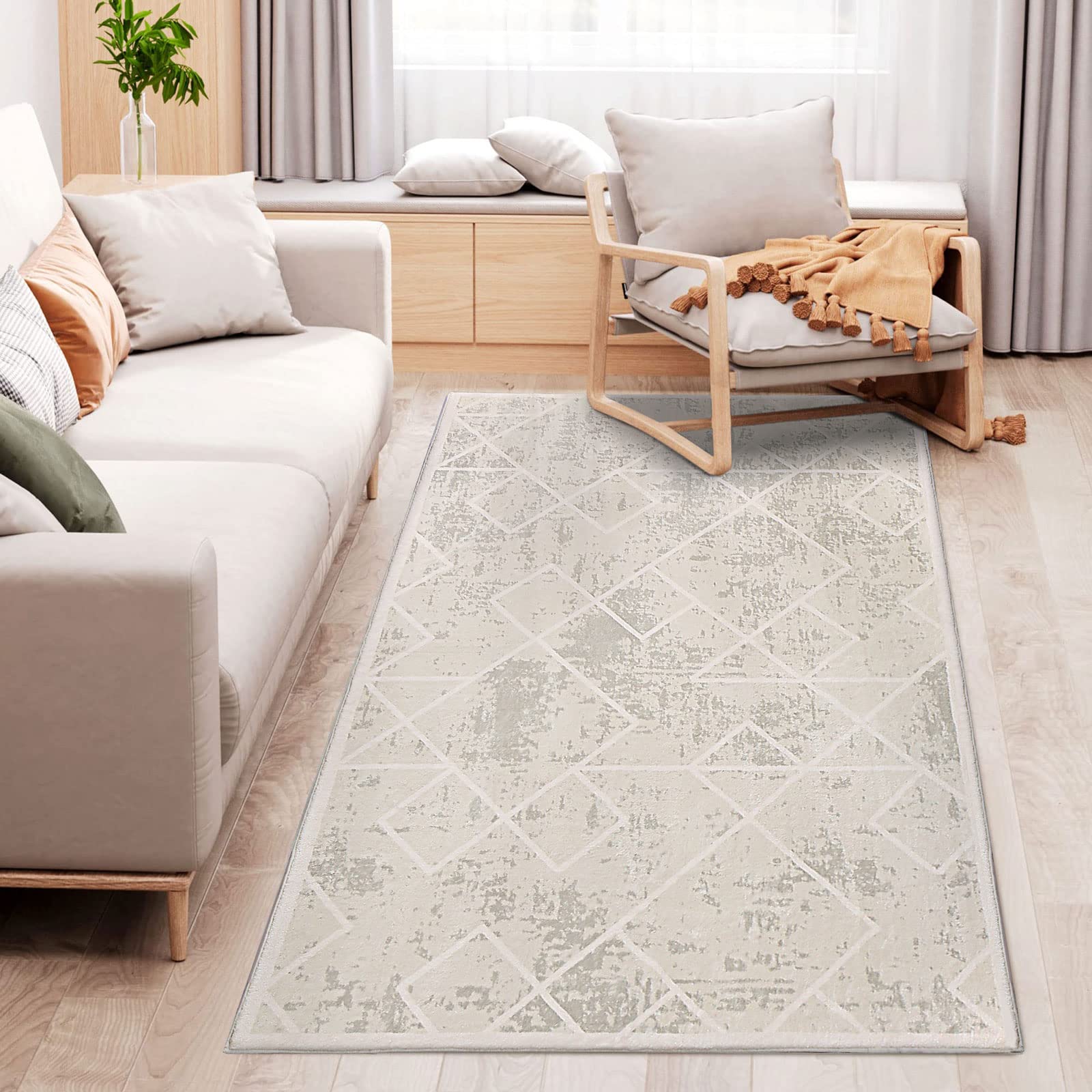 Leesentec Rugs Living Room Bedroom Rug Modern Short Pile Rugs Bohemian Carpet Abstract Geometric Straight Line Pattern Carpets Non-slip Large Rug (Ivory/Green White - Image 3
