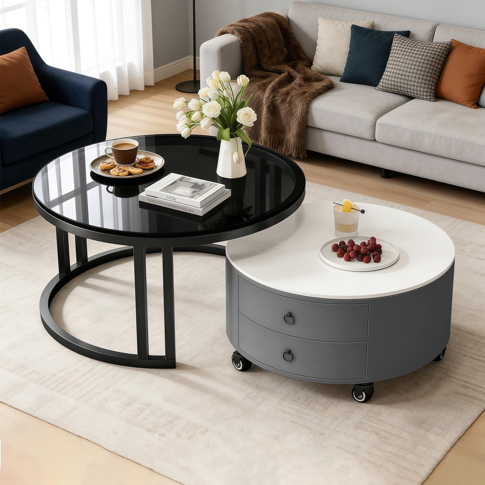SXZenSpace Coffee Table Set with Storage, Nest of Tables Tempered Glass and Rock Slab, Stacking End Side Metal Frame Wheels for Living Room, Bedroom, Office, Balcony, Apartment,Grey
