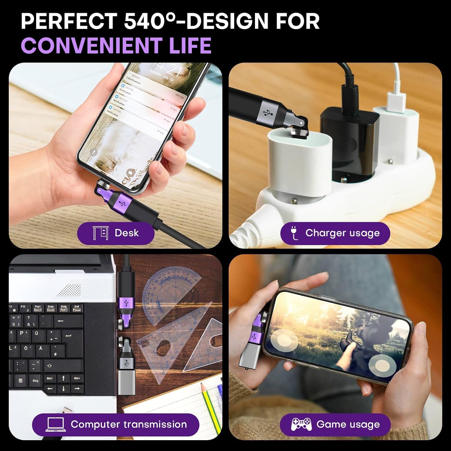USB A to USB C Adapter, 540° Rotation Swivel Right Angle 90 Degree Connector, 240W PD Fast Charging, E-Marker Chip, Port Protection for Phone iPad Data Transfer, Non-Magnetic, 2Pack