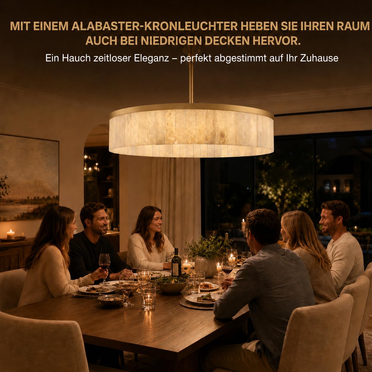 Luxus Alabaster Pendelleuchte Rund Ø105cm, Spanischer Marmor Kronleuchter Höhenverstellbar, Gold Hängeleuchte Esstisch, Wohnzimmer, Foyer