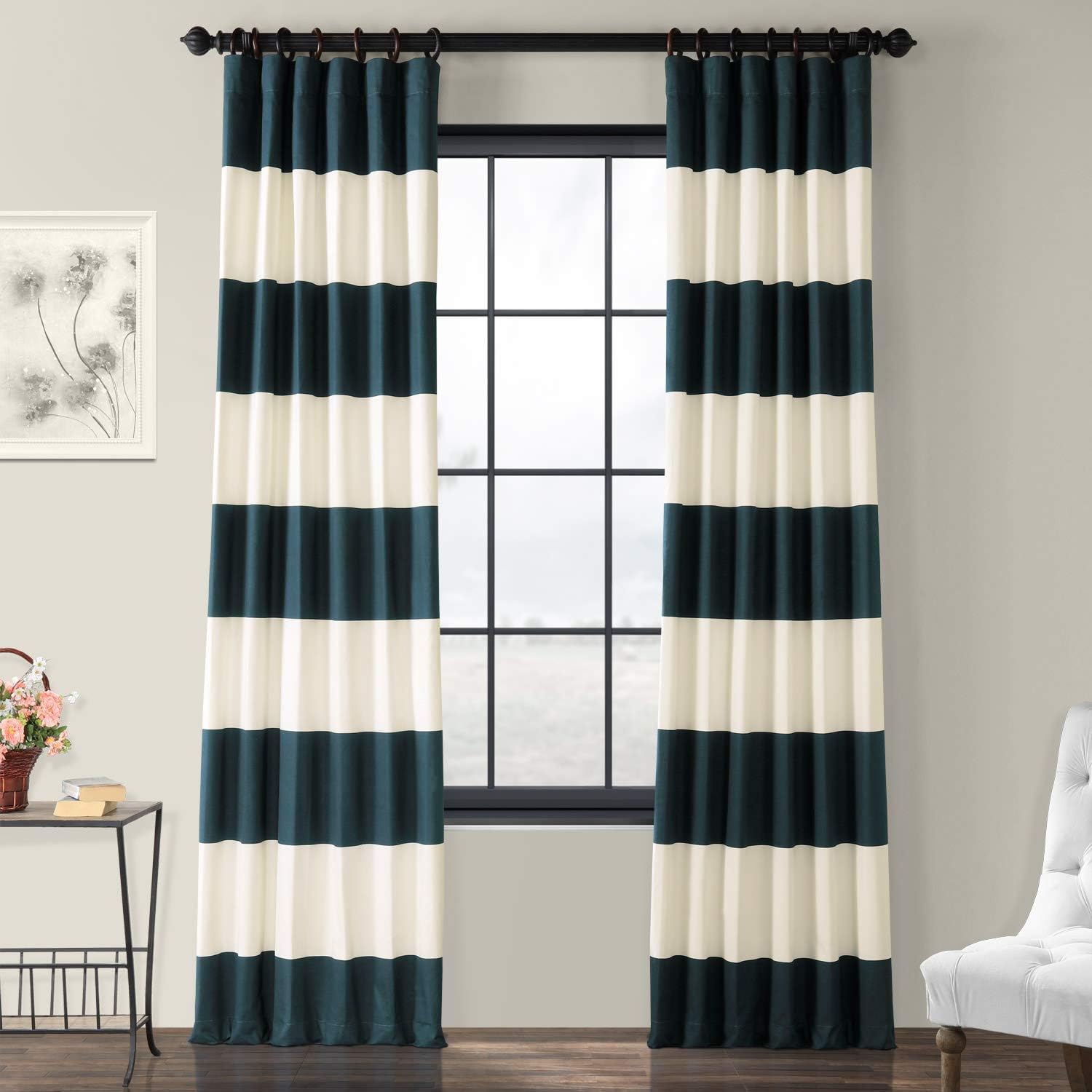 HPD Half Price Drapes Horizontal Stripe Printed Curtains 96 Inches Long Luxury Cotton Curtains (1 Panel) Room Darkening Window Curtains for Bedroom & Living Room, 50W x 96L, Blue and Off White