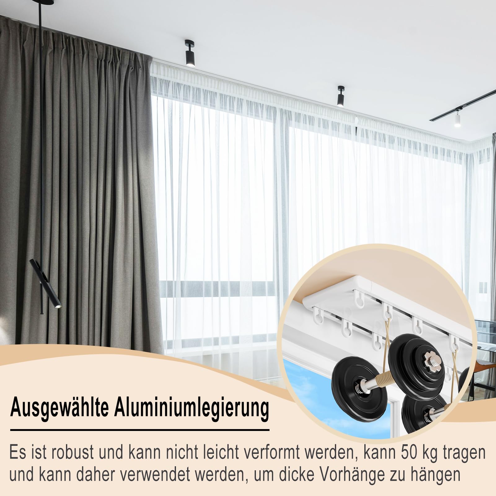 Riel de Cortina de Doble Carril Silencioso para Techo (Blanco,370 cm) | para Sala de Estar, Dormitorio, Hospital