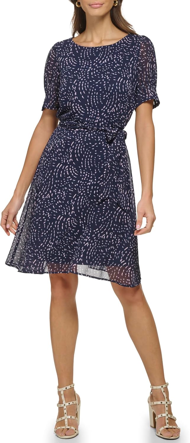 DKNY Womens Puff Sleeve Tie Waist A-line Mini Dress