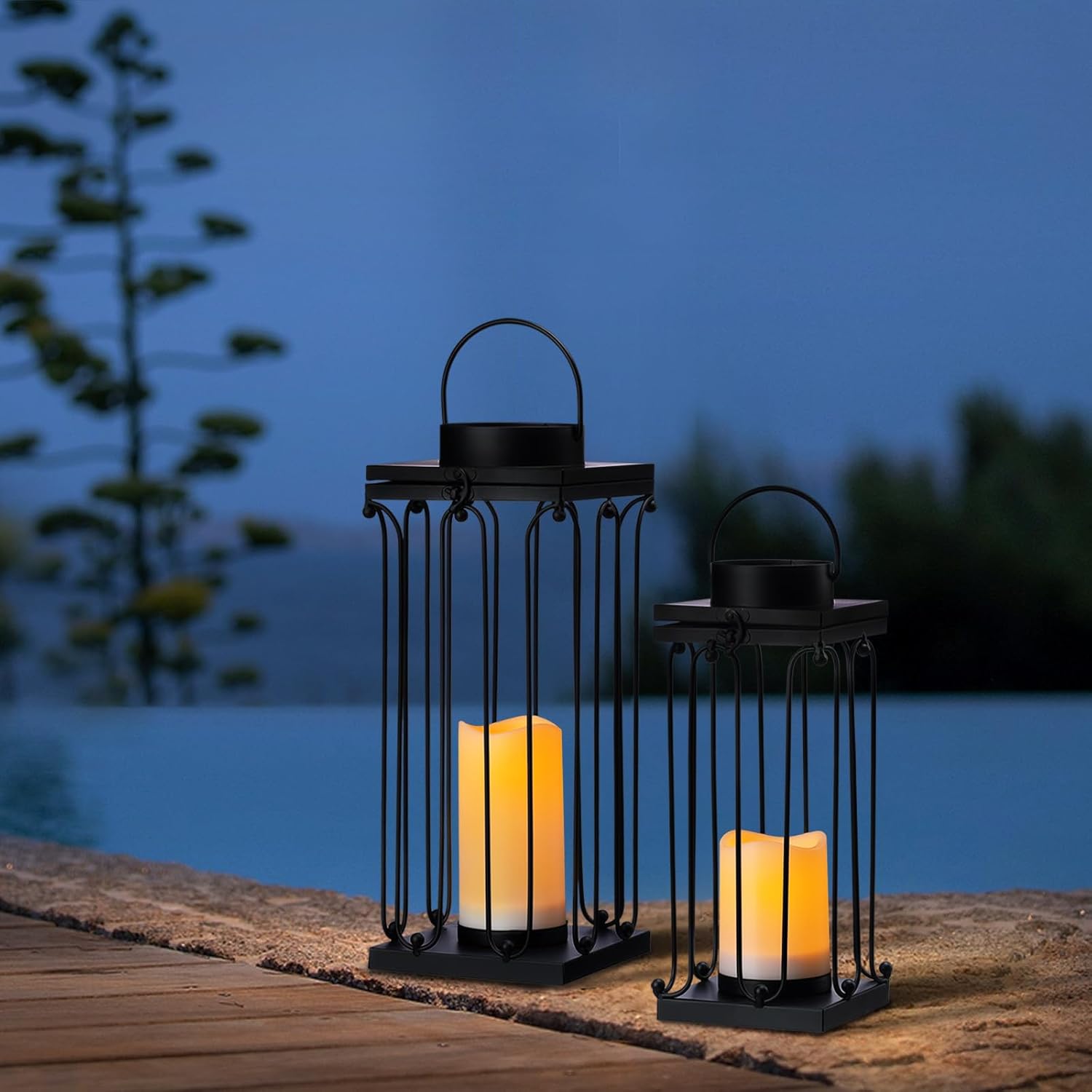 Solar Lantern Decorative Outdoor Set of 2 (18’’ & 15’’) Modern Black Metal Lanterns with Solar Candles, Decorative Candle Lanterns for Outdoor Porch, Patio, Garden, Yard Decor
