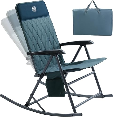 Timber Ridge 3-Level Adjustable Rocking Camping Chair, Padded High Back Outdoor Rocking Chair with Side Pocket, Portable Folding Rocker for Adults,